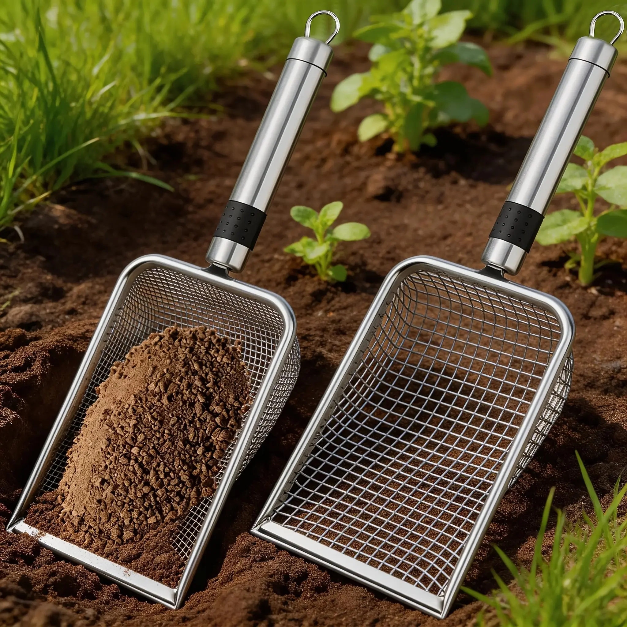 2-Piece Garden Soil Sifter Set, Stainless Steel Compost Sieve and Strainer with Handle, Ideal for Gravel Screening, Yard, Lawn, and Garden Use