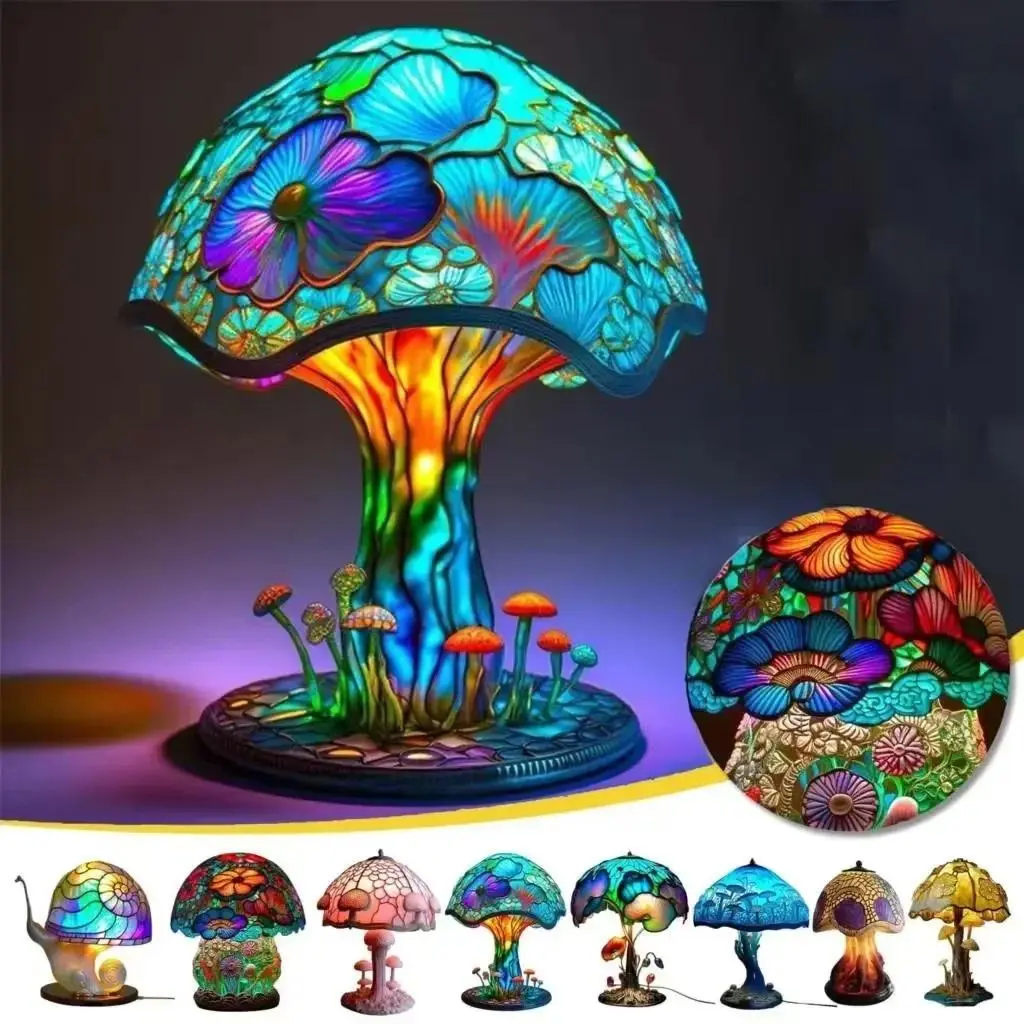 Vintage Stained Glass Mushroom Table Lamp Plant Series Snail Octopus Creative Colorful Bedroom Bedside Flower Retro Night Light