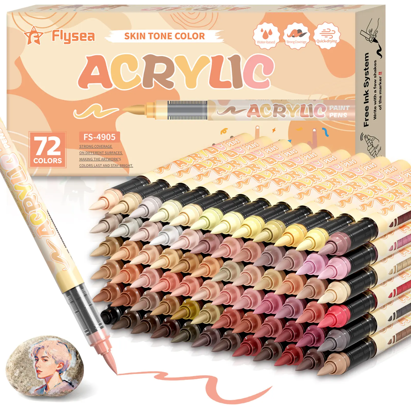Flysea 72 Colors Acrylic Paint Markers Set with Soft Brush Tips, Complete Skin Tone Series, Fine Tip Paint Pens for Wood, Canvas, Rock Painting, Glass, Fabric & DIY Crafts, Professional Art Drawing Supplies