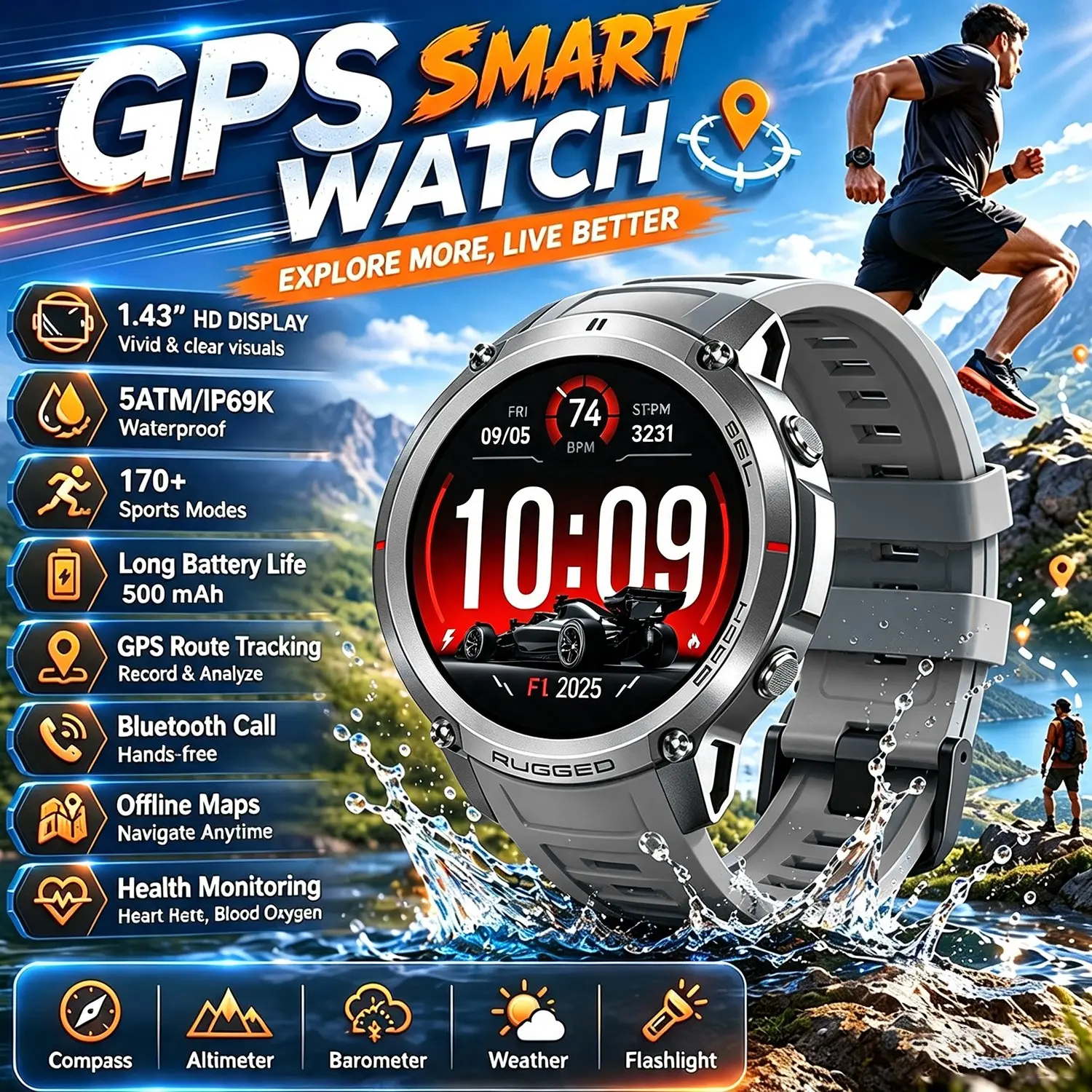 GPS Route Navigation Military Smart Watch Built Offline Map Compass Altimeter 5ATM IP69K Waterproof AMOLED Call Watches