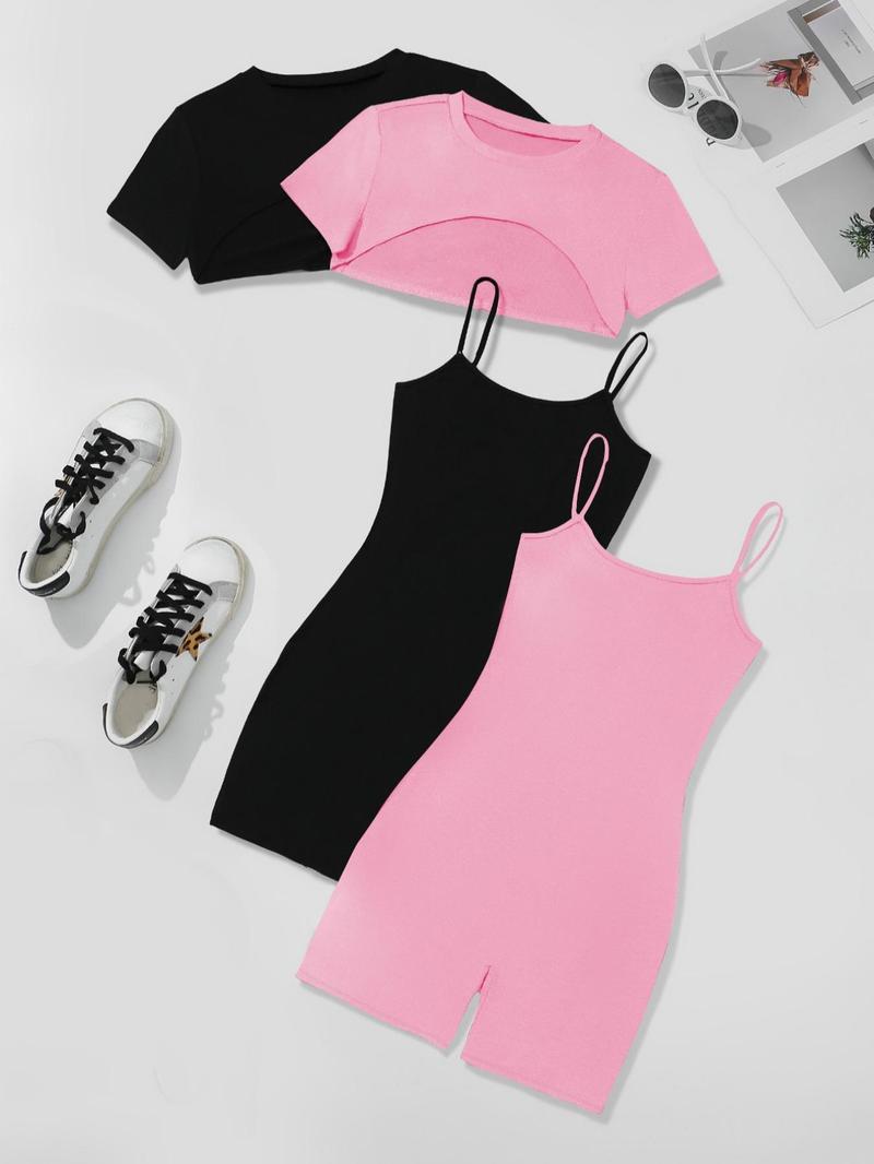 Four-Piece Set Women's Solid High Low Crop Tee & Cami Romper, Casual Short Sleeve Super Crop Top & Sleeveless Bodycon Romper, Summer Outfits 2025, Cute Summer Outfit