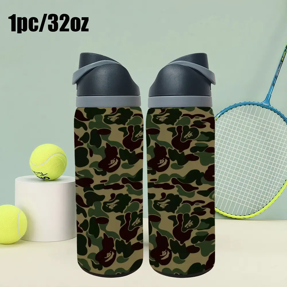 1pc 32oz Stainless Steel Insulated Cup, Camouflage Shark Mouth Print, Leak-Proof, Ideal for Camping, Office, Outdoor, Gym, Durable Travel Mug, Drinkware