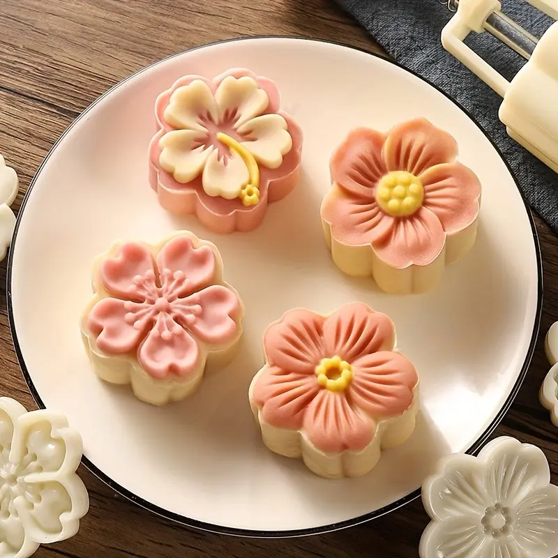 Sakura Cherry Blossom 05g Mooncake Mold Set, DIY Handmade Pressed Pattern Cookie Molds, Baking Dessert Tools, 1 Mold 4 Stamps