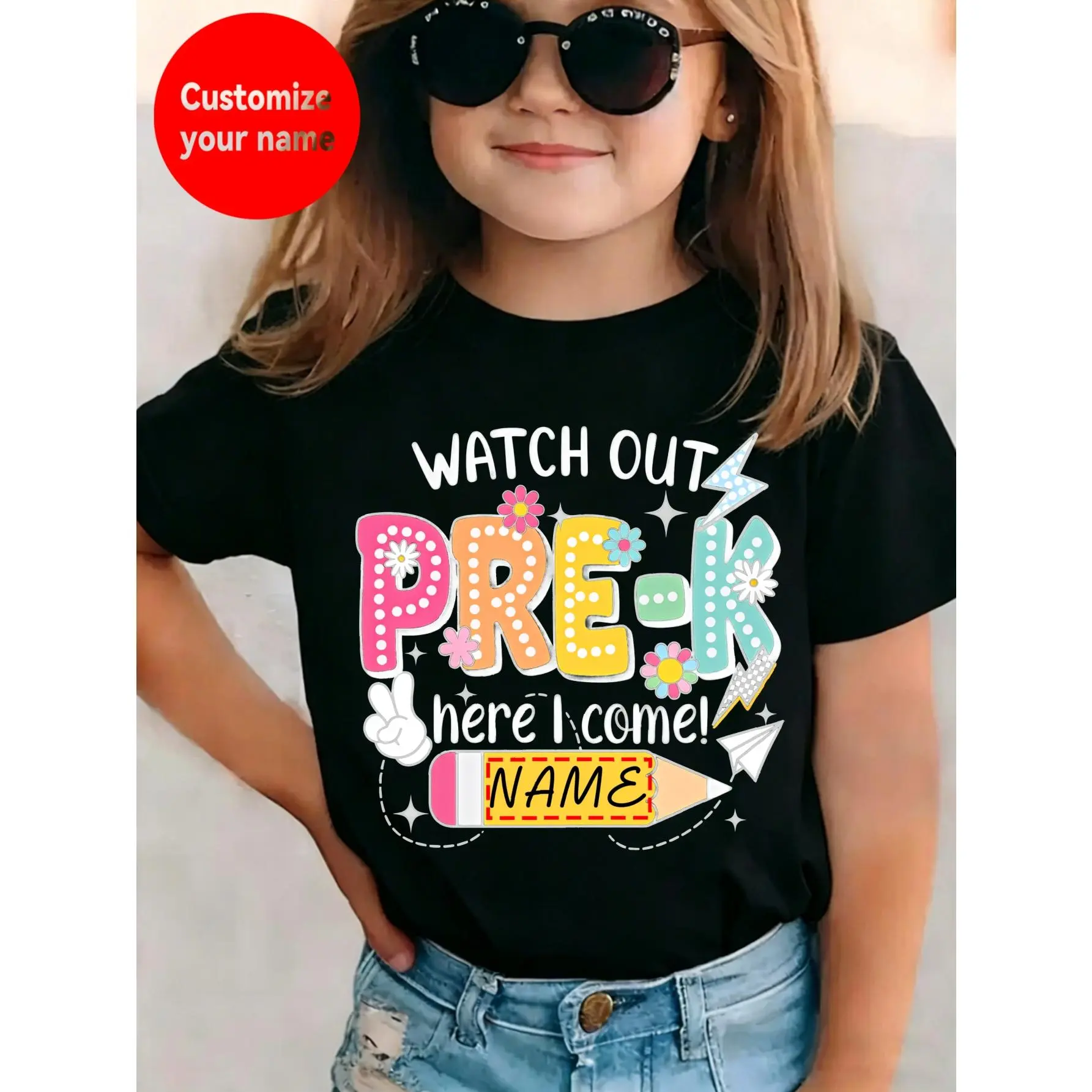 [Perfect Gift] Back To School Customized Girls T Shirt Name Watch Out Pre K Here I Come With Colorful Letters And Pencil Design For Preschool Season Casual Style Perfect Gift For Young Students Trendy Kids Apparel(3Y-13Y)