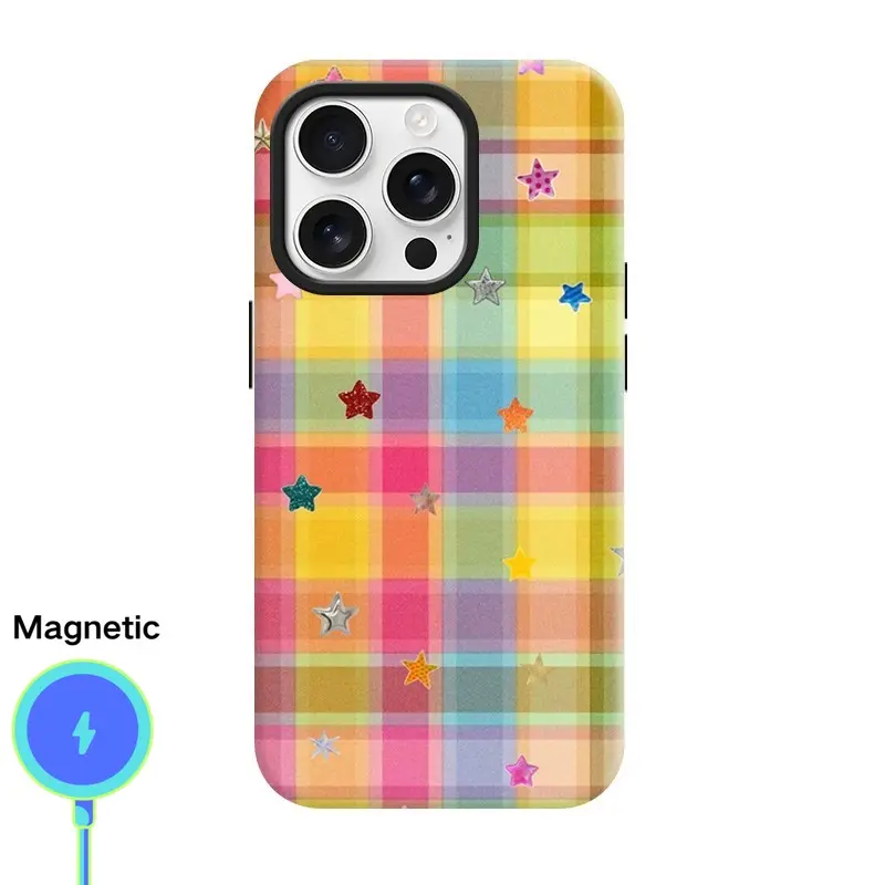 MagSafe Phone Case for iPhone 17/16/15 - Cute Colorful Star Plaid Pattern, Allwell Luxury Aesthetic, Hybrid TPU+PC, N52 Magnetic Snap Ring (2400-2500 Gauss), Dual-Layer Tough Matte Glossy Protection Cover