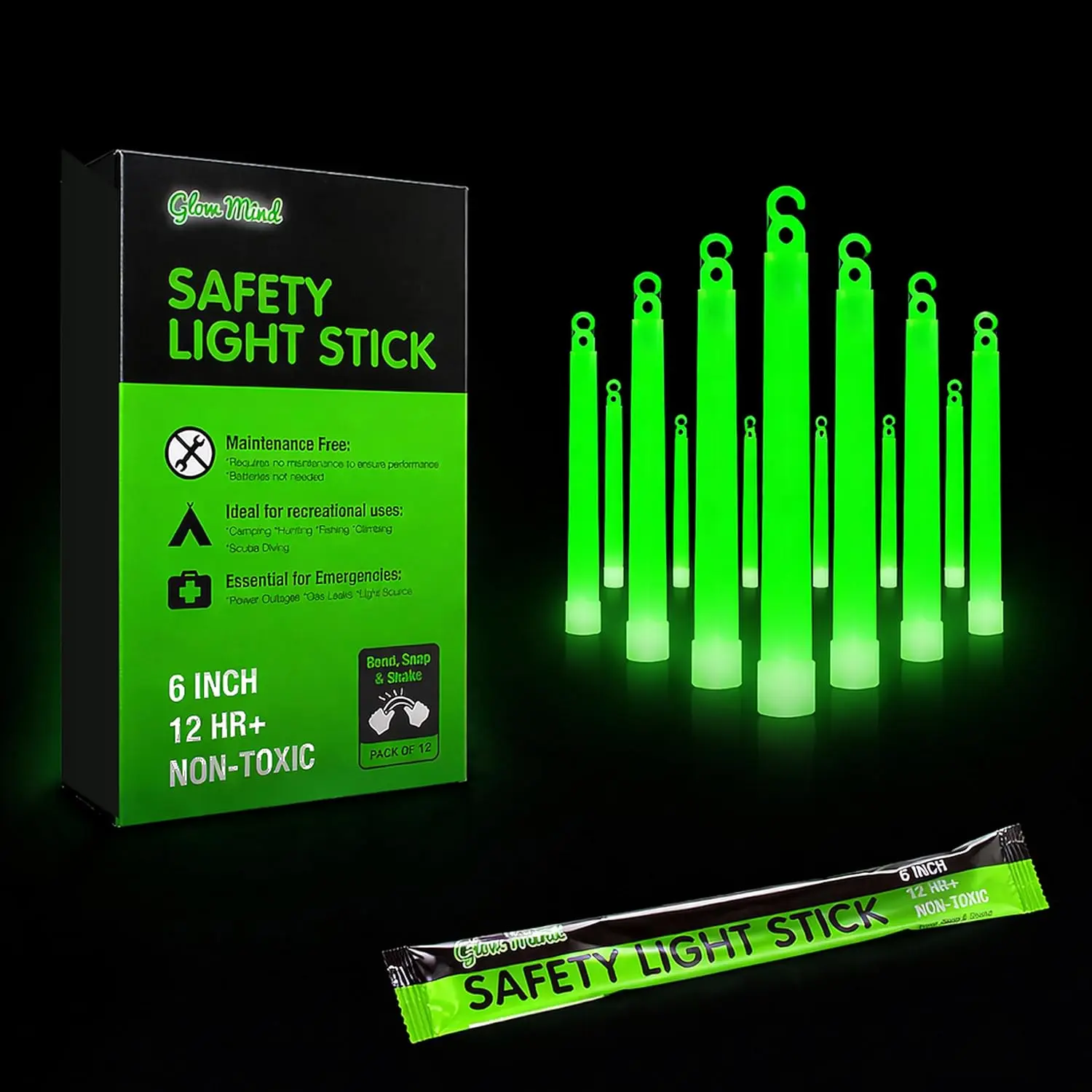 Summer Camping Emergency Glow Sticks with 12 Hours Duration, Individually Wrapped Industrial Grade Glowsticks for Survival Gear, Camping Lights, Power Outages and Military Use
