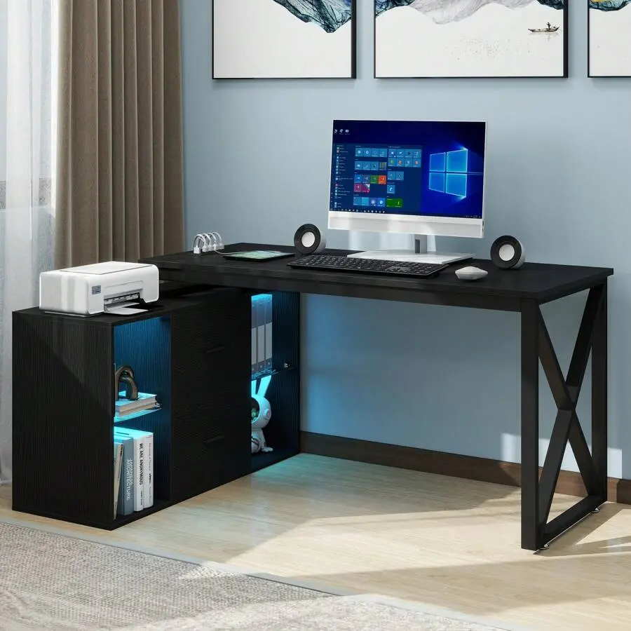 55" L Shaped Desk W/ Power Outlet & Drawers LED Reversible Corner Computer Desk