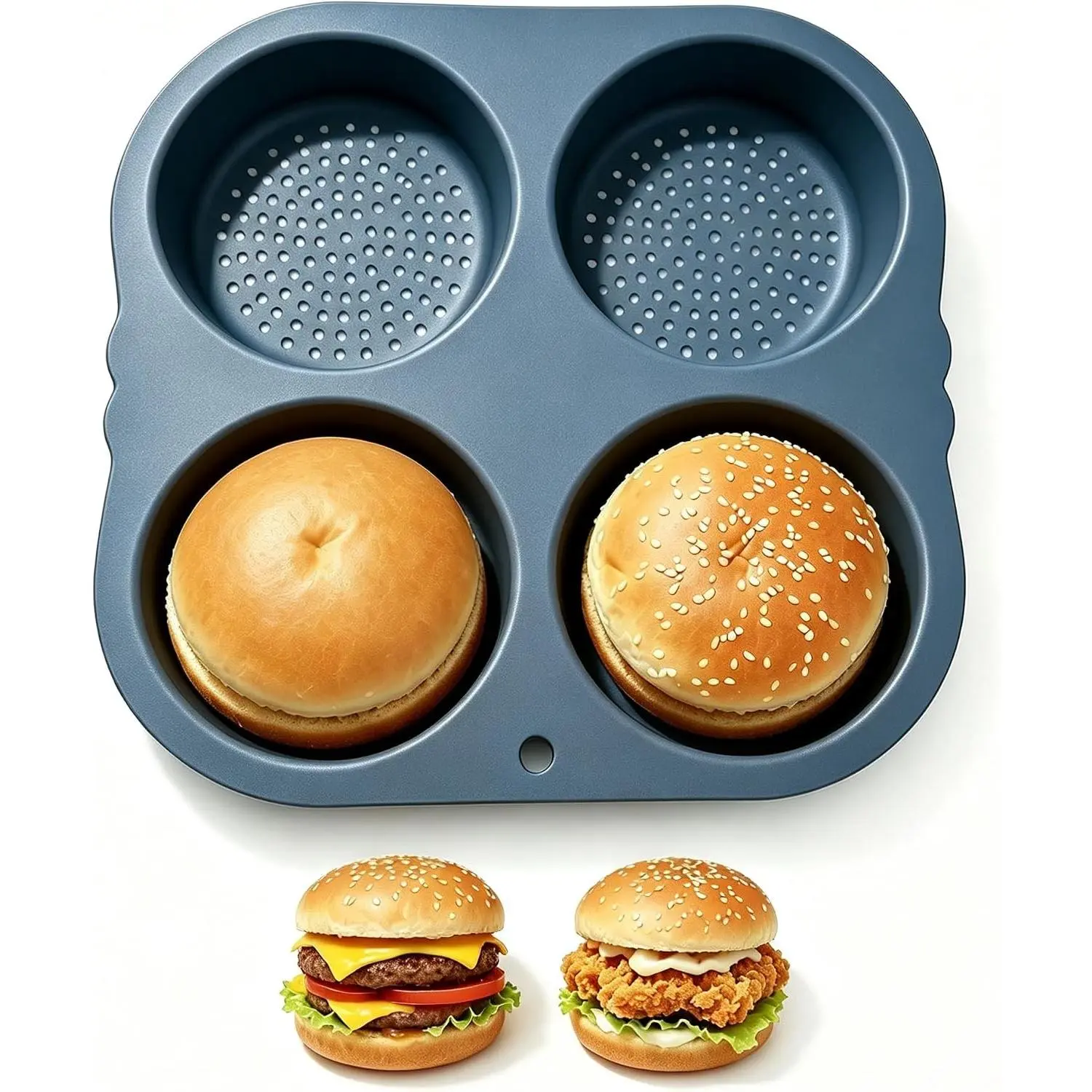 4-chamber silicone hamburger baking tray, non stick heat-resistant baking tray for homemade hamburgers and bread, baking oven bread tray, easy to use and reuse
