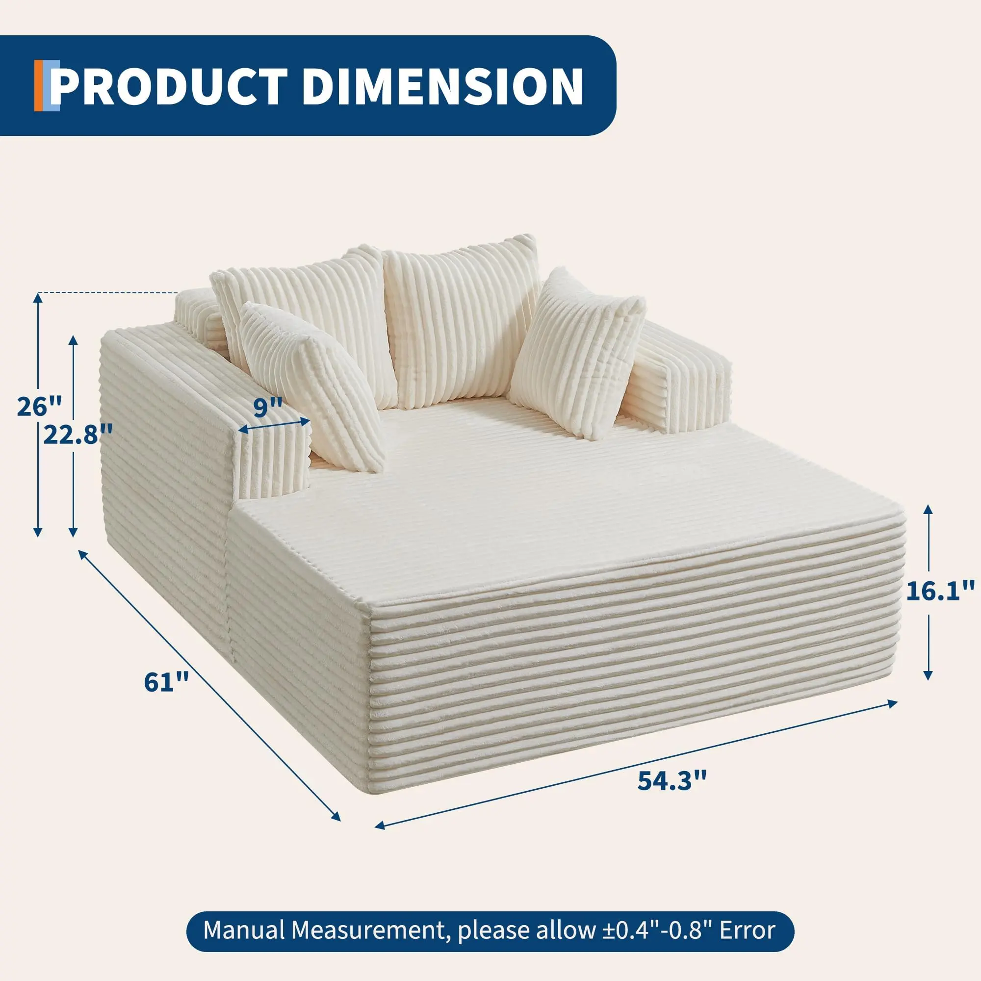 Garvee Oversized Indoor Chaise Lounge Chair with Corduroy Upholstery, Boneless Cloud Couch Design, Includes Throw Pillows, Perfect for Living Room or Home Sofa Bed