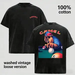 180g[100%cotton]Camel Joe Pool Playing Graphic Tee Vintage Washed 100 Cotton T Shirt Retro Distressed Short Sleeve Casual Streetwear Billiards Shirt Summer Fashion Top Relaxed Fit Loose Version Crew Neck Unisex Tee for Retro Fans