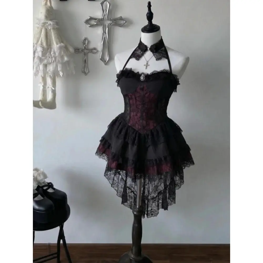 Gothic Sexy Spicy Girl retro Elegant Women Dresses Y2k Lace Strapless Design Going Out Dress Female Chic Korean Popular Clothes