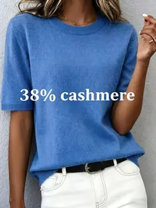 Women's Cashmere Round Neck Short Sleeve Top, Soft Comfortable Skin-Friendly T-Shirt, Elegant Casual Fashion for Home Office Date