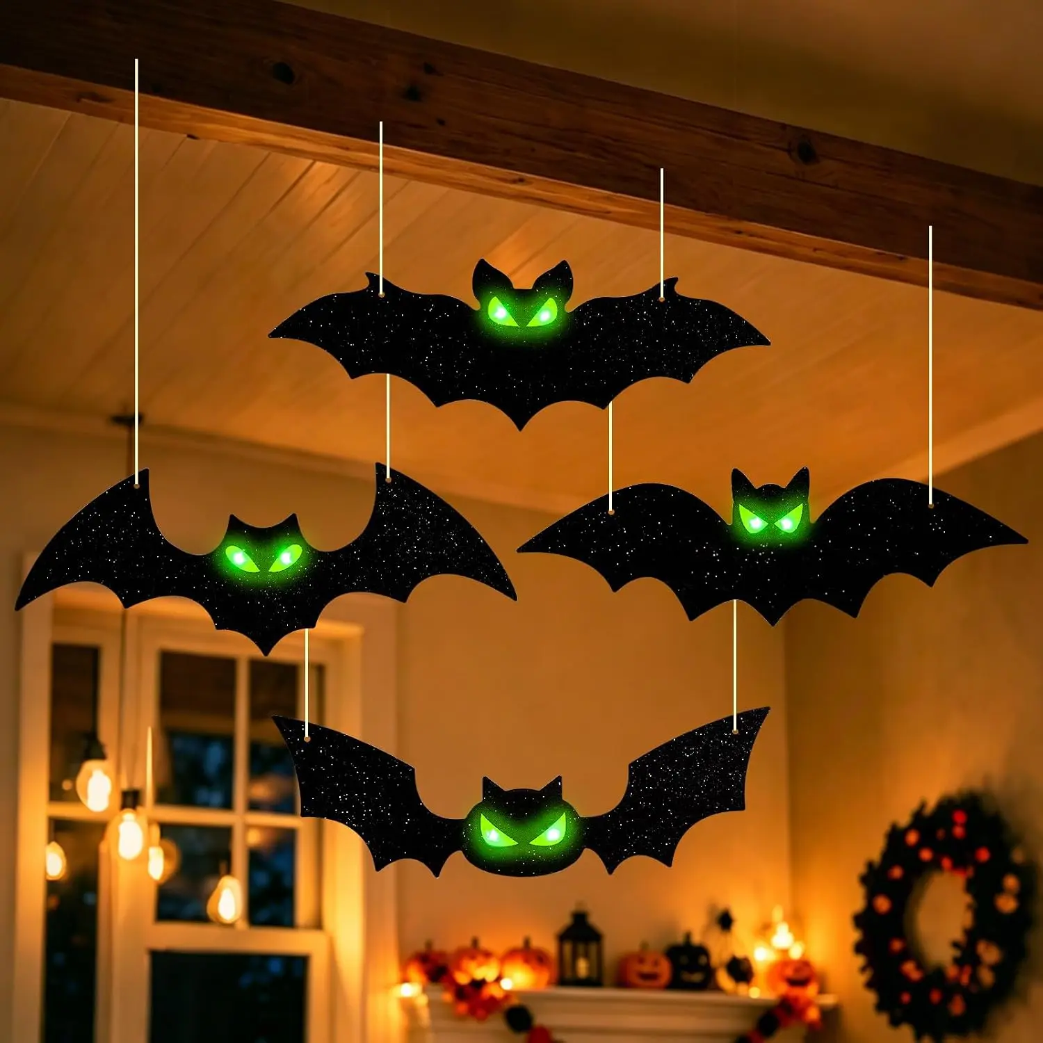 4Pcs Halloween Hanging Bats with LED Green Glowing Eyes, Waterproof Large Black Flying Bat Decorations, Indoor Outdoor Yard Spooky Wall Ornaments