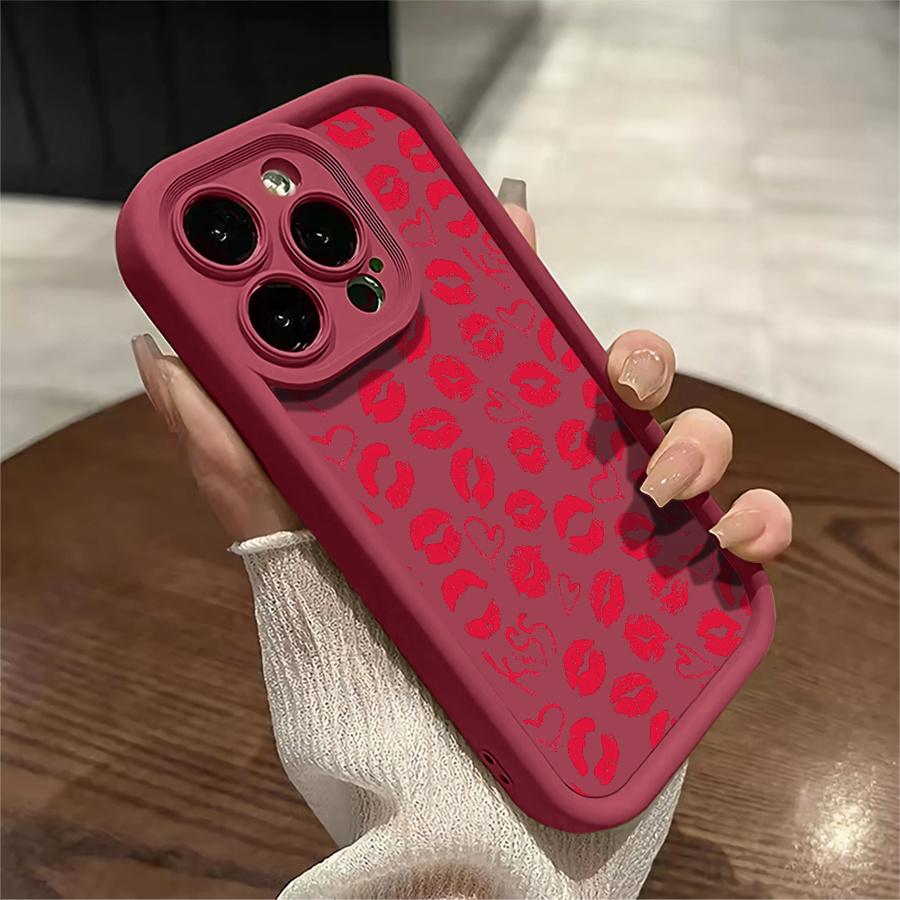 Phone Case: 1pc Red Lip Print Heart Kiss Phone Case Suitable for Apple iPhone 17 E Air Pro ProMax iPhone16 15 14 Plus 13 12 Mini 11 X XS XR Antidrop Shock Proof All Inclusive Lens Protection Girlish Style Cute Can