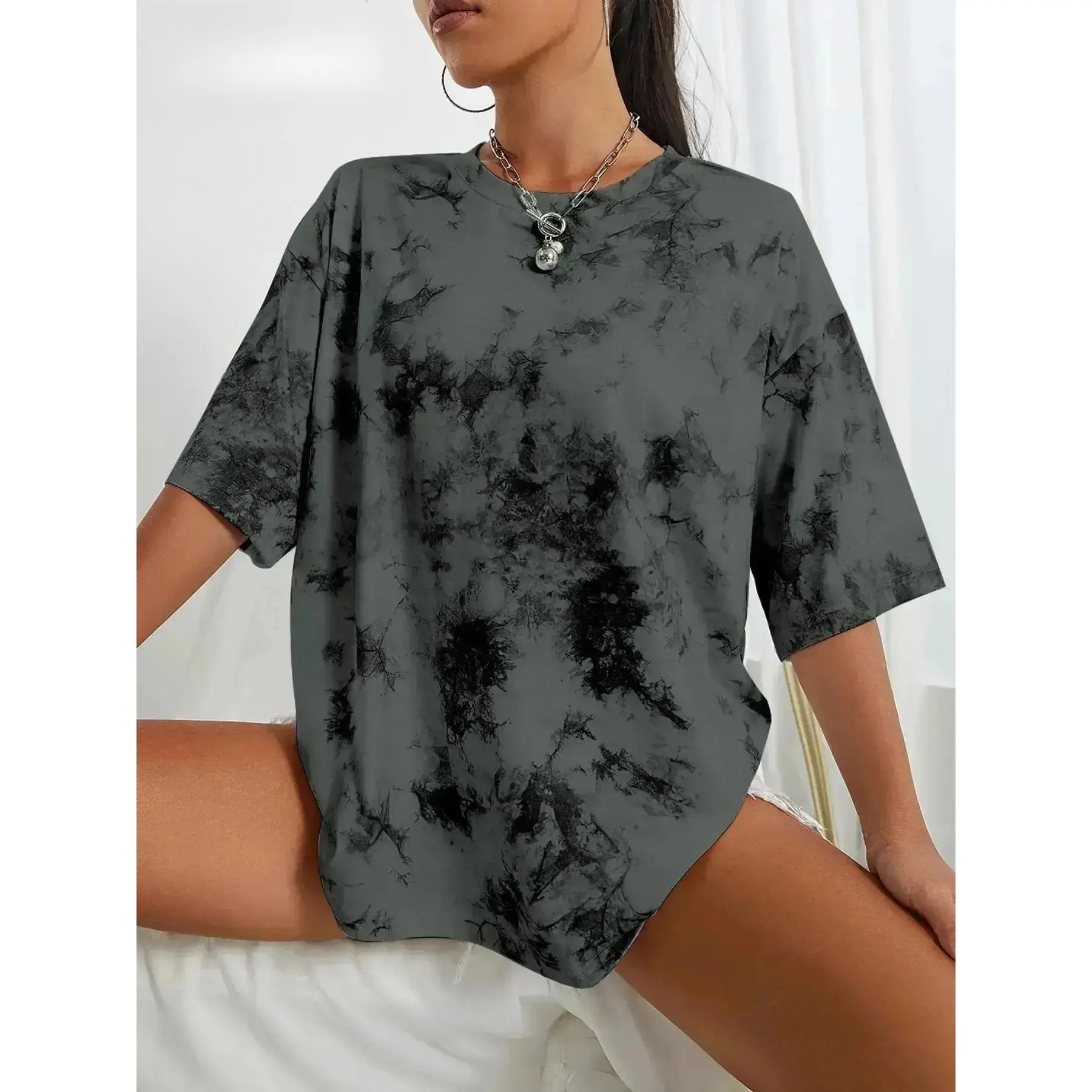 Women's tie-dye printed round-T-shirt, casual street style loose-fitting round-T-shirt, summer fashion women's top, everyday wear T-shirt, well-fitting women's clothing, casual comfortable T-shirt, everyday casual top