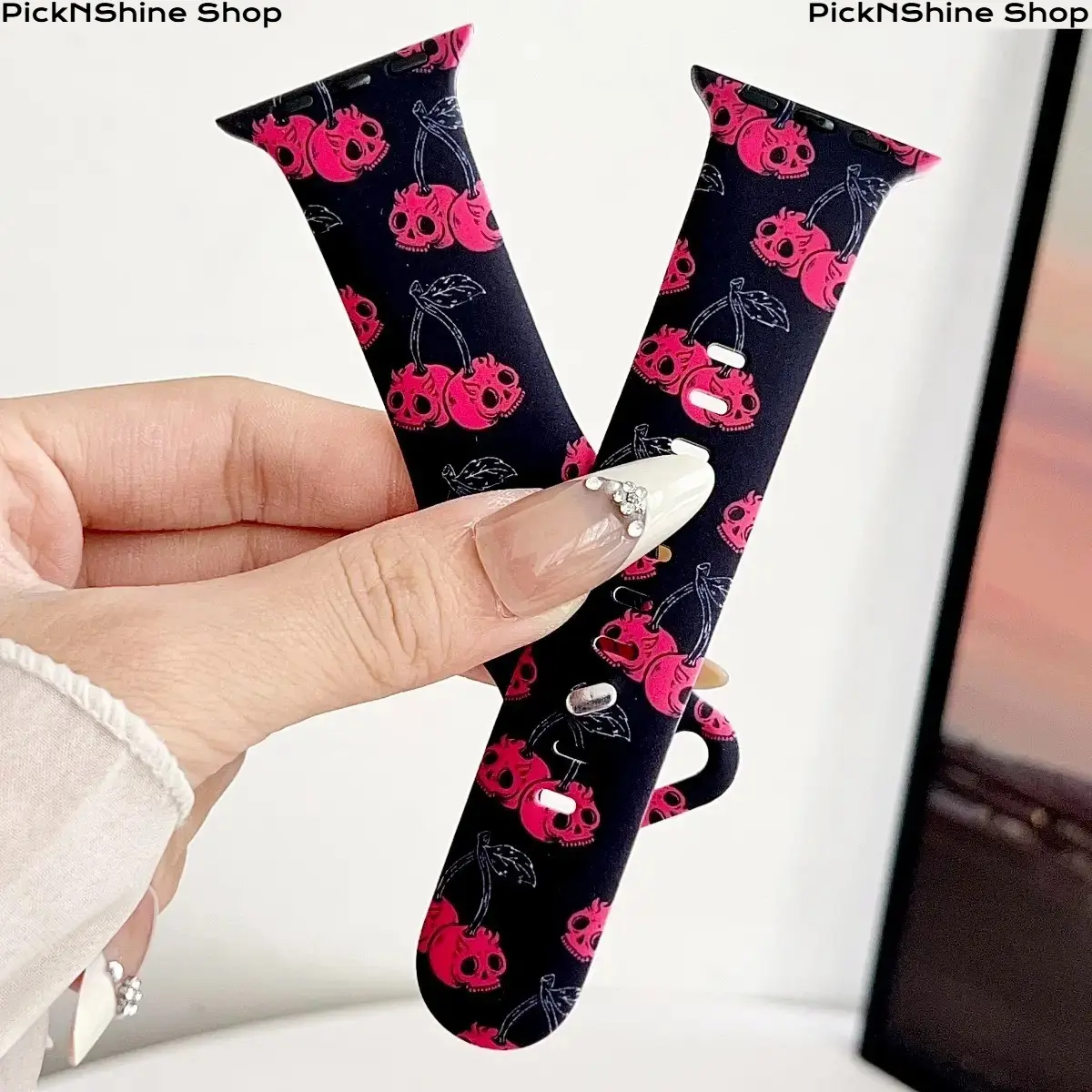 Women Gothic Cherry Skull Silicone Apple Watch Band Punk Pink Cherry Skull Print Soft Breathable Replacement Strap Compatible Ultra SE Series 1-11 38-49mm Daily Wear Halloween Aesthetic TikTok Viral Gift Accessory