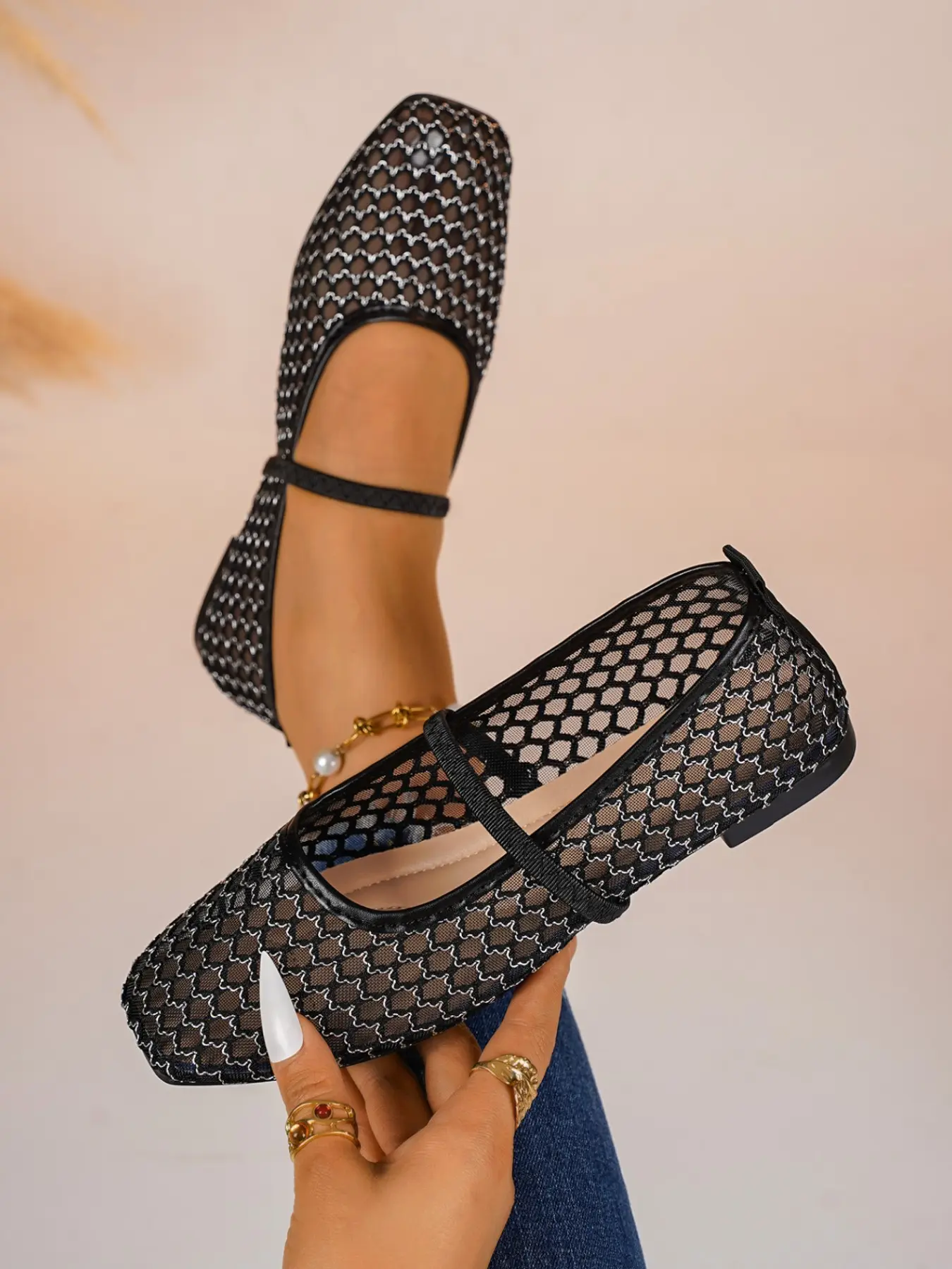 Women's Mesh Wave Pattern Mary Jane Flat Shoes, Comfortable Casual and Formal Footwear, All-Season Ladies Sandals