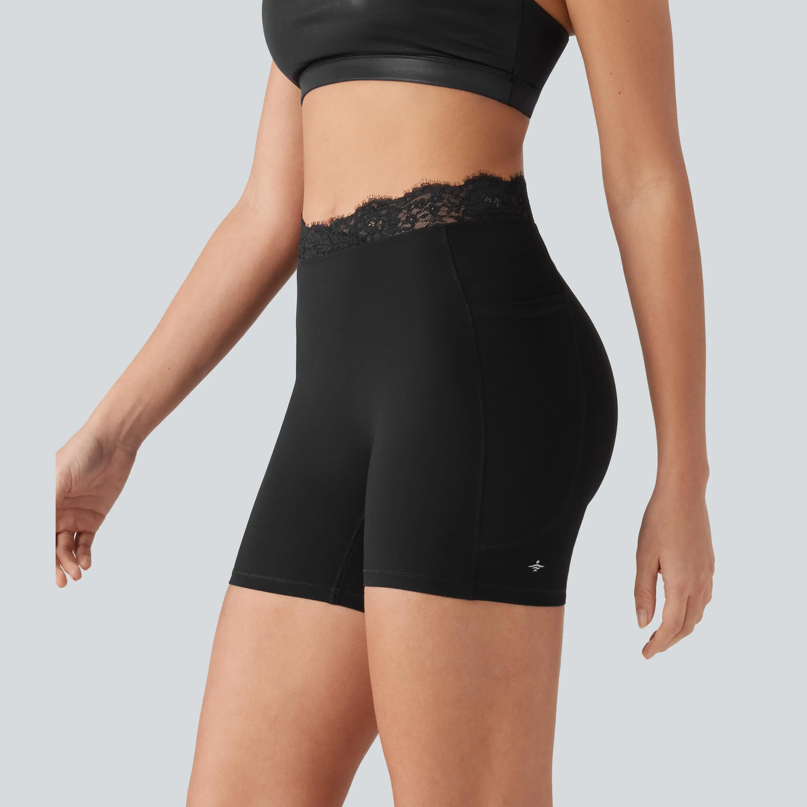 Halara UltraSculpt V-Shaped High Waisted Contrast Lace Yoga Biker Shorts 5'' with Pockets