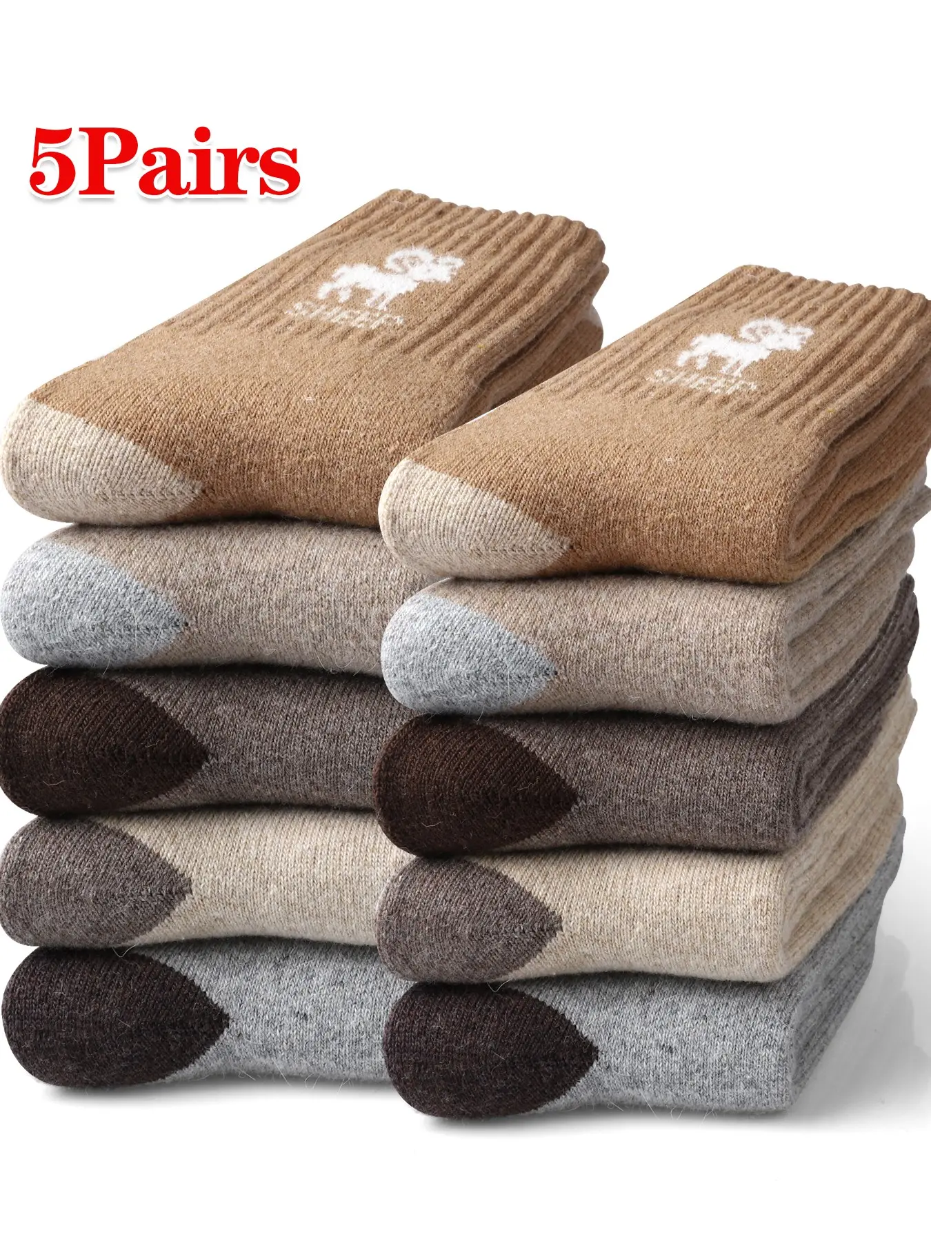 5 Pairs Men's Winter Socks, Sheep Pattern Warm Thick Floor Socks, Soft Comfortable Mid-Calf Socks, Casual Gift for Christmas New Year
