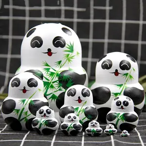 Cute Animal Panda and Bamboo Handmade Wooden Russian Nesting Doll Matryoshka Set, 10 Pieces Kids Toy Home Decor, Playset
