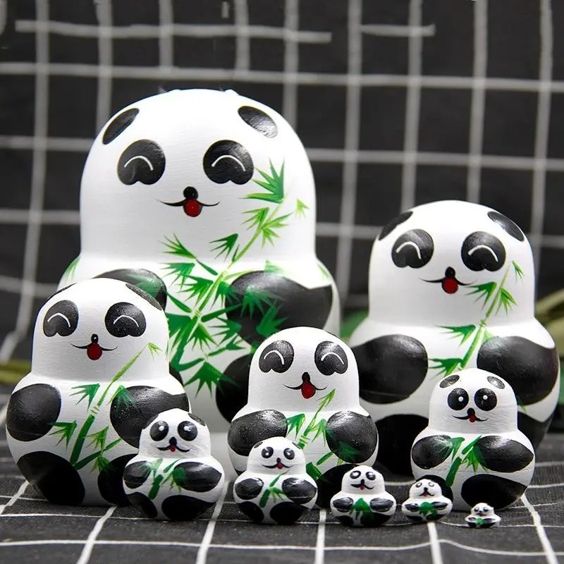 Cute Animal Panda and Bamboo Handmade Wooden Russian Nesting Doll Matryoshka Set, 10 Pieces Kids Toy Home Decor, Playset