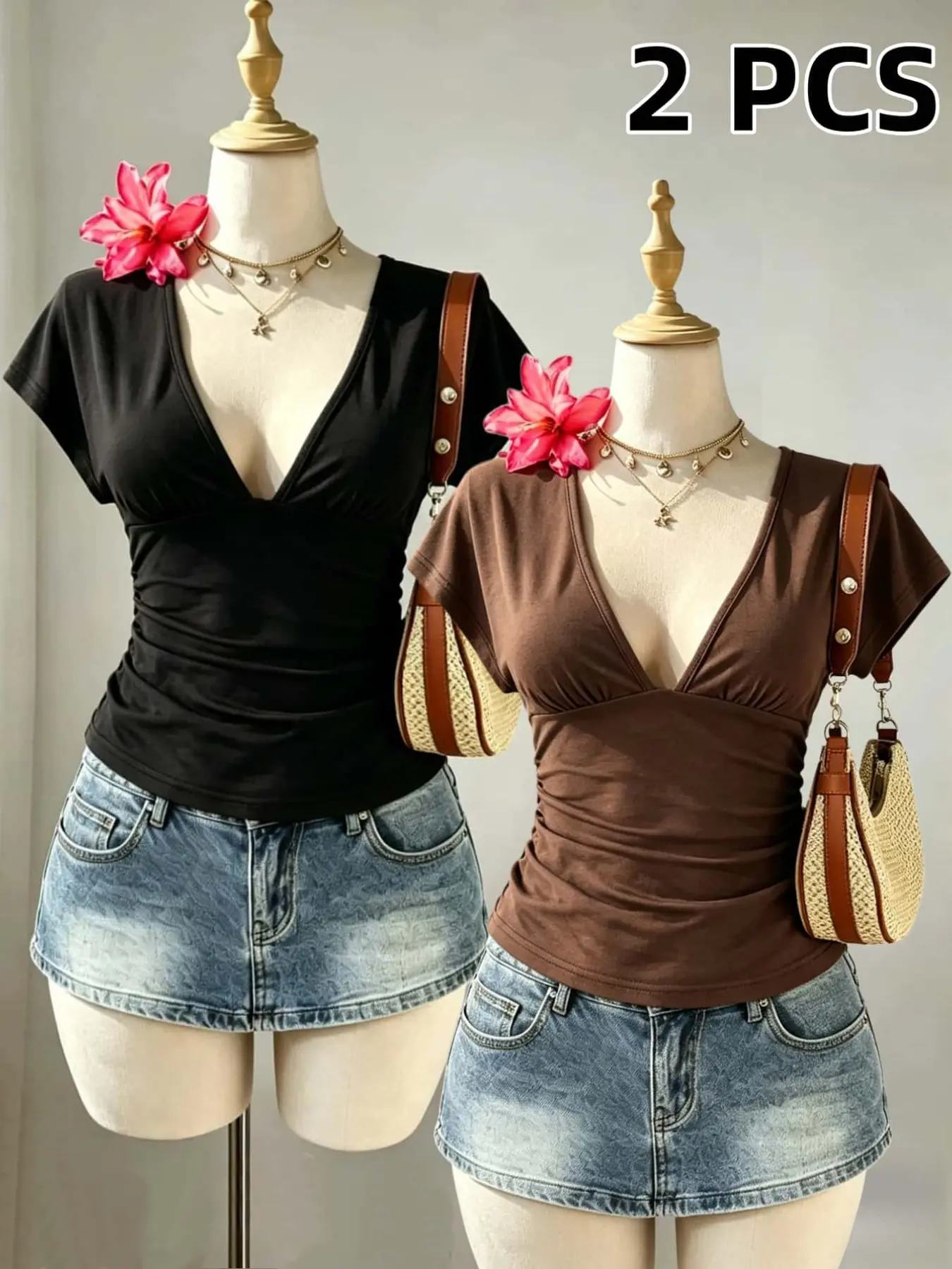 Women's V-Neck Ruched Slim Fit Short Sleeve Elastic T-Shirt, Punk Style Slimming Basic Top, Two-Piece Set, Fashionable and Comfortable