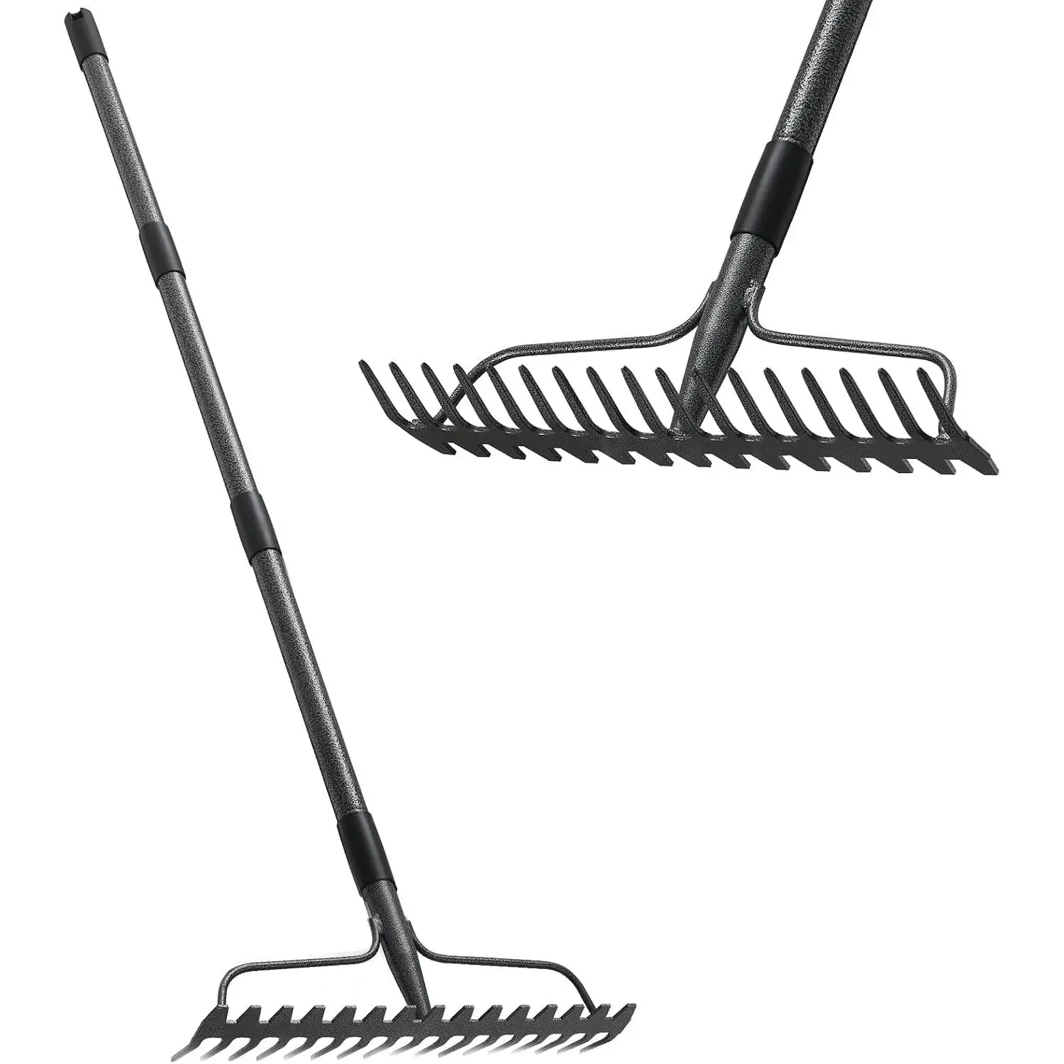 Bow Rakes for Lawns, 17 Prongs 17" Wide Heavy Duty Metal Garden Rake Long Handle 50", Adjustable Rock Yard Thatch Rake for Leaves Gardening Loosening Soil Mulch Gathering Leaf