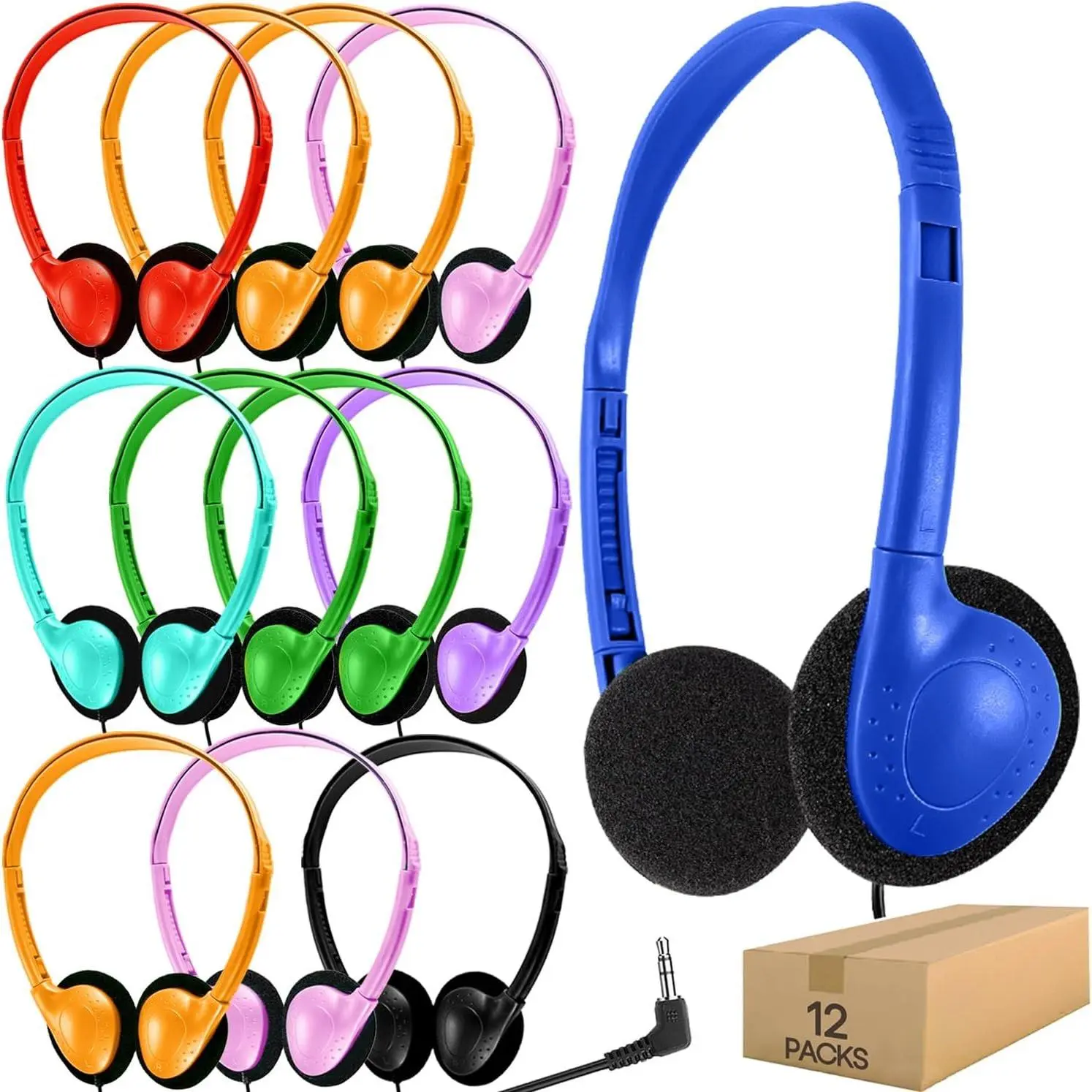 12-Pack Adjustable Plastic Wired Headphones with 3.5mm A/V Cable, Wholesale Classroom Bulk Set for School Students, Multi-Color Audio Headphones Compatible with Mobile Devices (HY857), 3.5Mm A/V Cable Wired Headphones