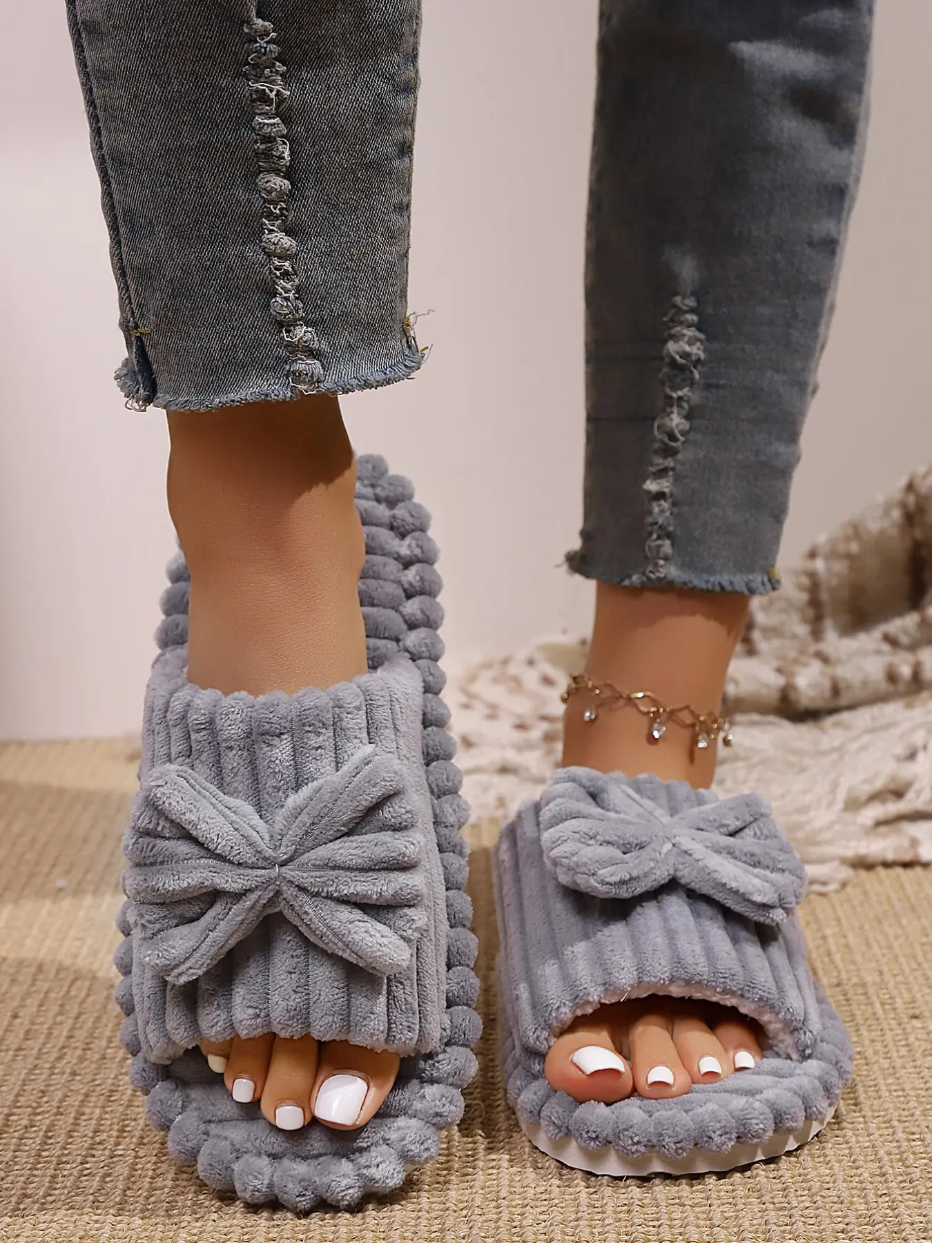 Open-Toe Plush Slippers, All-Season Bow Vertical Stripe, Unisex Multi-Color Soft Fluffy Footwear Non-Slip Indoor Home Shoes