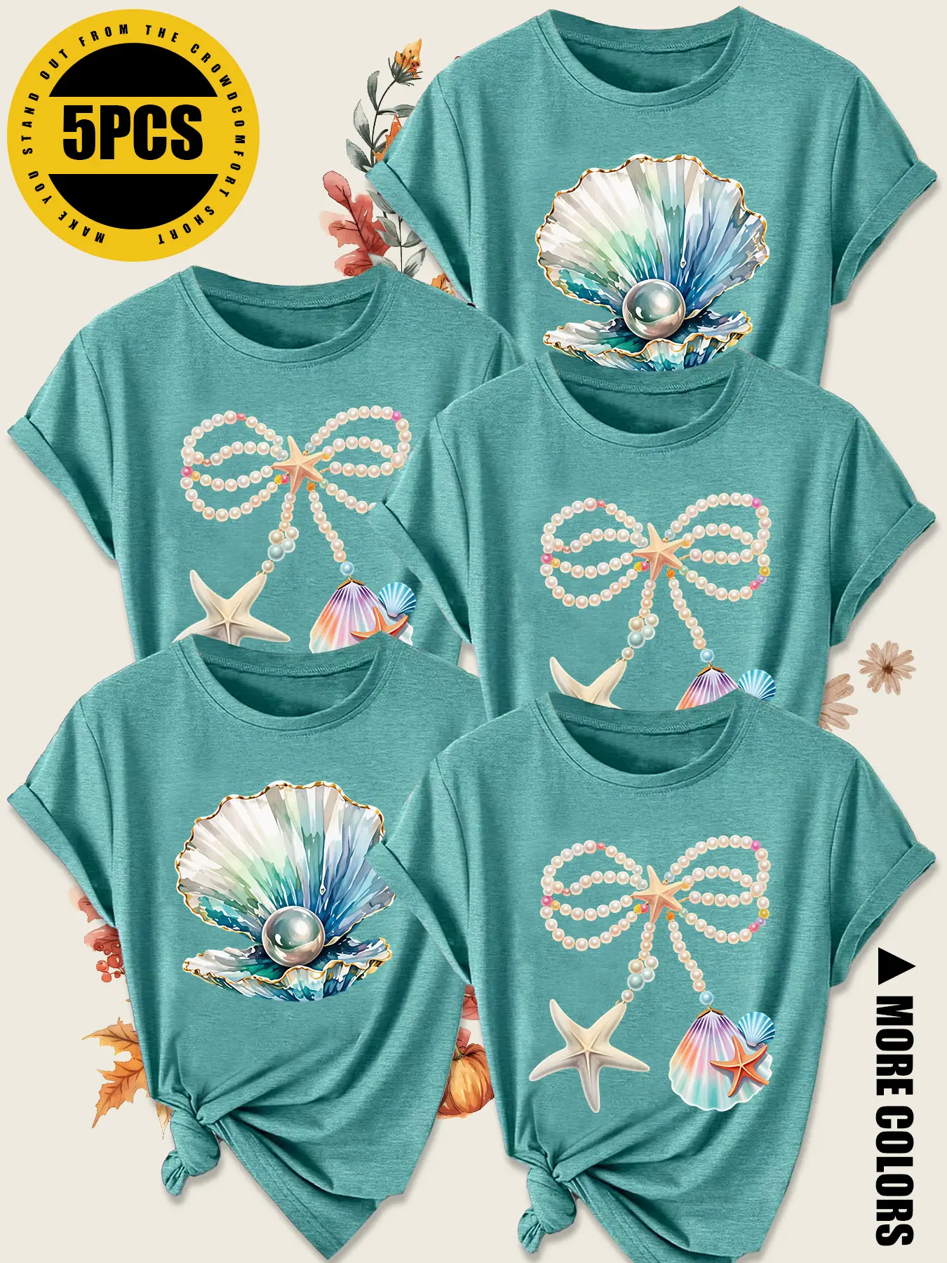 5Pcs Women Crew Neck T-Shirt, Pearl Shell Starfish Bow Ocean Romantic Print, Multi-color Washable Spring Summer Top, Soft Skin-friendly Fabric Daily Versatile Fashion Design