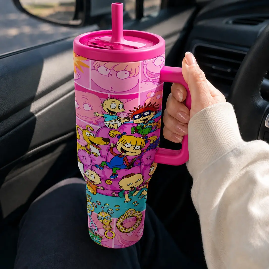 1PC 40oz 90s Retro Baby Cartoon Pattern Insulated Tumbler with Handle & Straw, Double Wall Vacuum Leak-Proof Travel Mug, Hot 12H Cold 24H, Large Capacity Cup for Men Women Teens, Birthday Christmas Nostalgia Gift