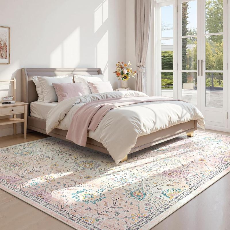 Lahome Pink Boho Area Faux Cashmere Rug, 8x10 Washable Faux Cashmere Rugs for Bedroom Living Room, Soft Blush Floral Non Slip Pastel Thin Floor Carpet for Classroom Playroom Home Decor