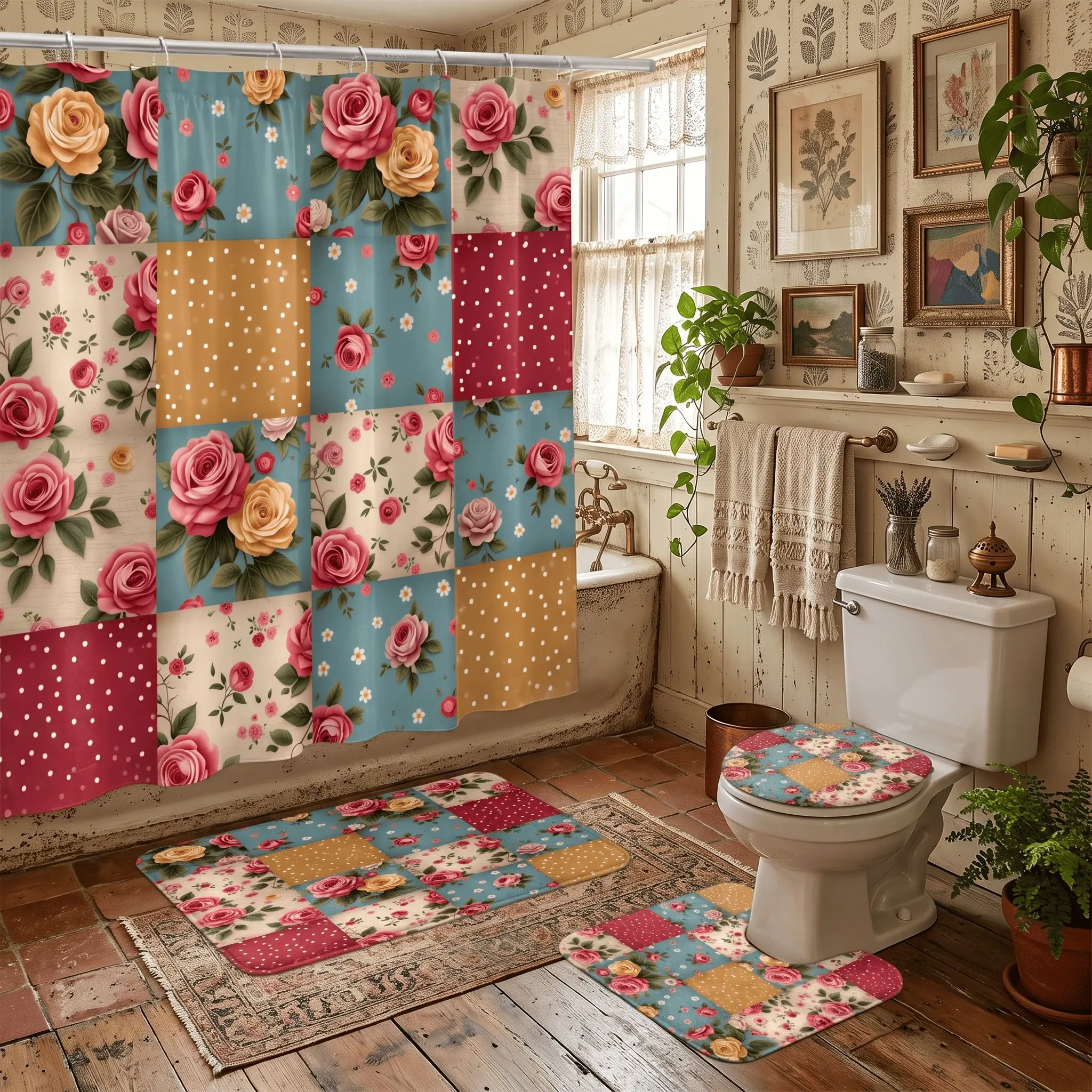 4 Pcs Vintage Floral Patchwork Shower Curtain Set, Blooming Rose Polka Dot Bathroom Decor Sets with Non-Slip Rug, Contour Mat & Toilet Lid Cover, Rustic Cottagecore Farmhouse Bath Decor for Mother's Day Gift