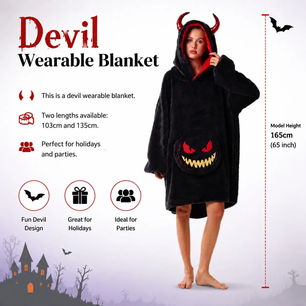 Huge Demon Horn Wearable Blanket Hoodie, Halloween Christmas New Year Party Couples Lazy Blanket, Warm Fuzzy Pocket Design