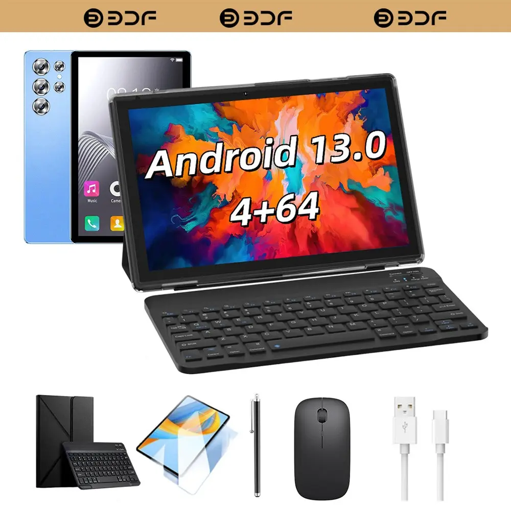 Bdf 10.1-Inch Android 13 Tablet, 4GB RAM, 64GB Storage, Includes Keyboard, Case, Mouse, Stylus, Dual Cameras, Ideal for Home and Office Use
