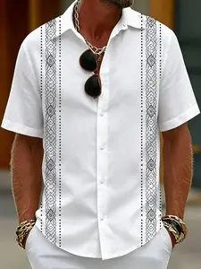 Short-sleeved shirt with ethnic-style line prints on the side against a white background, a casual men's top