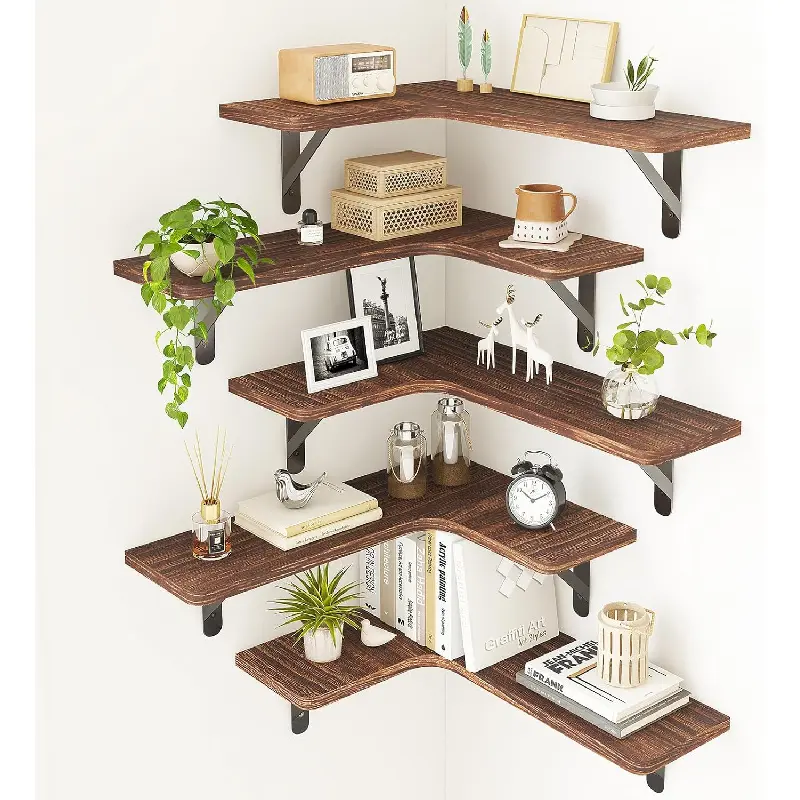 Corner Floating Shelves for Wall Set of 5, Rustic Wood Wall Mounted Shelf for Bathroom, Kitchen, Bedroom, Home Decor, Laundry Room, Living Room (Dark Carbonized Black)