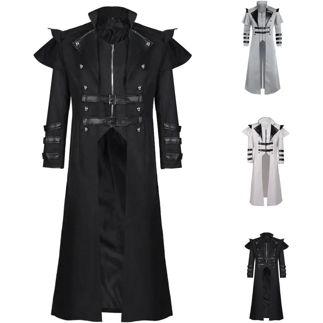Medieval Costumes Steampunk Long Trench Coat Gothic Victorian Vintage Tailcoat Jacket Mens Double Breasted Zipper Coat