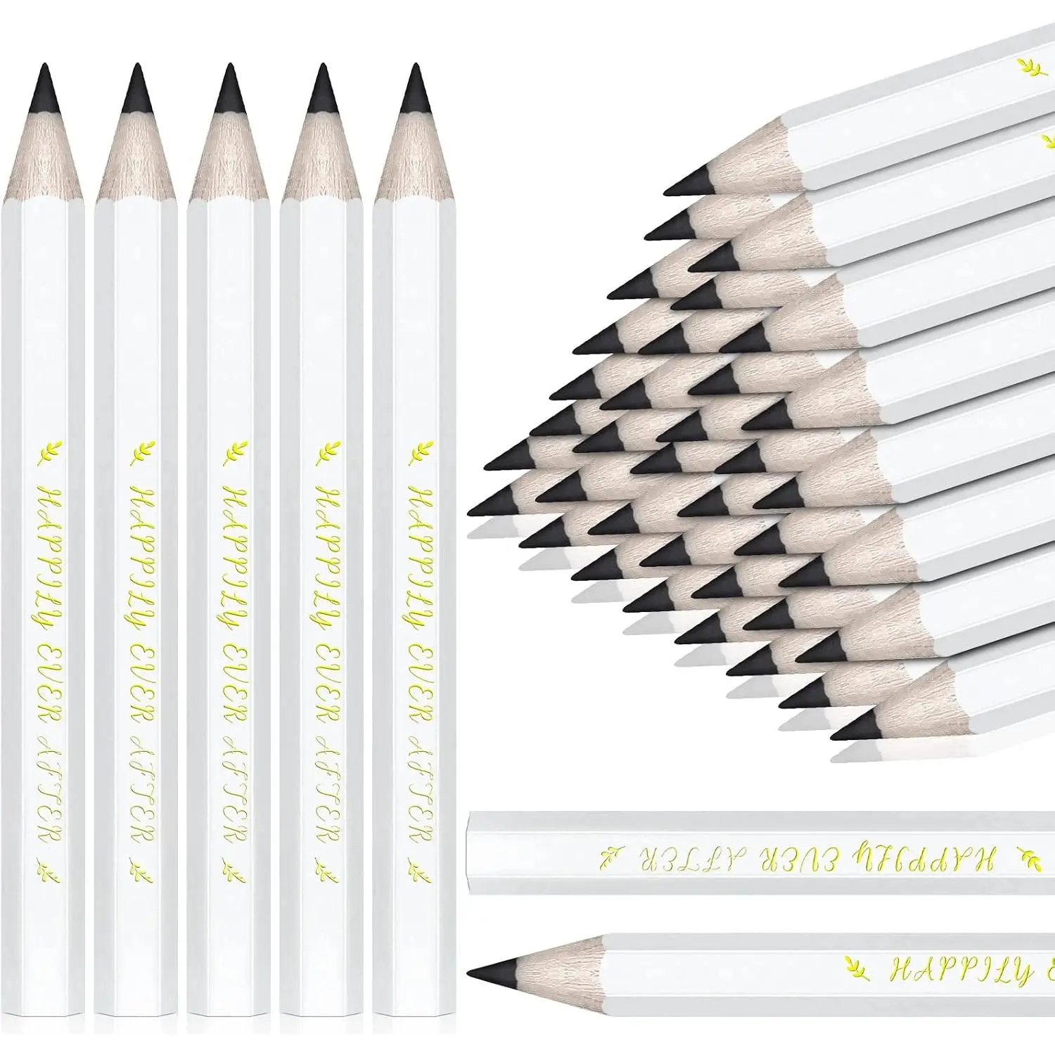 50 count Wedding Half Pencils - Happily Ever After Mini Short Golf Pencils for Bridal Shower Favor  Company Meetings (White)
