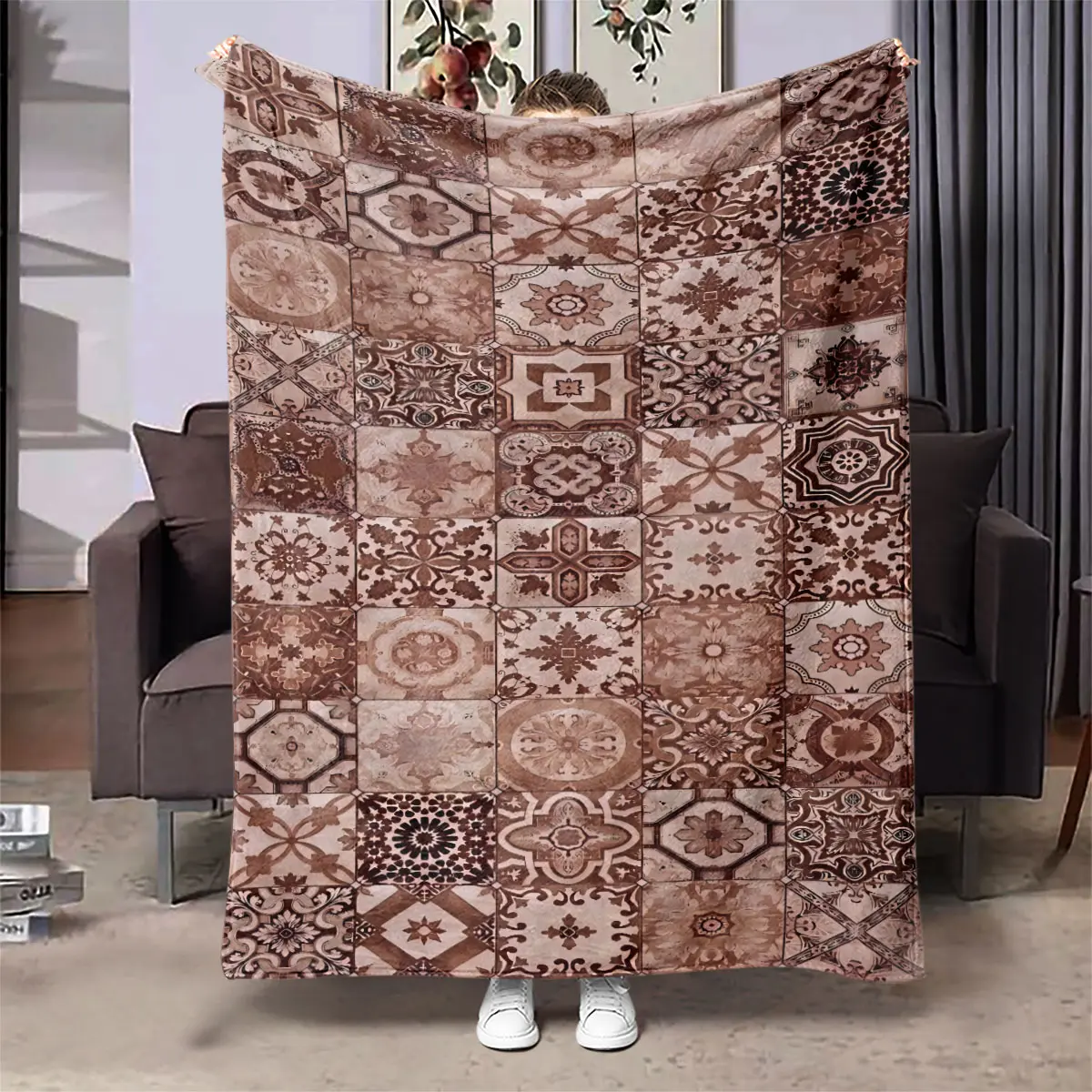 Vintage Geometric Pattern Throw Blanket, Soft Warm Napping Blanket, Air Conditioning Room Shawl Blanket, Gift for Friend, Office Nap Blanket, Multi Purpose Blanket