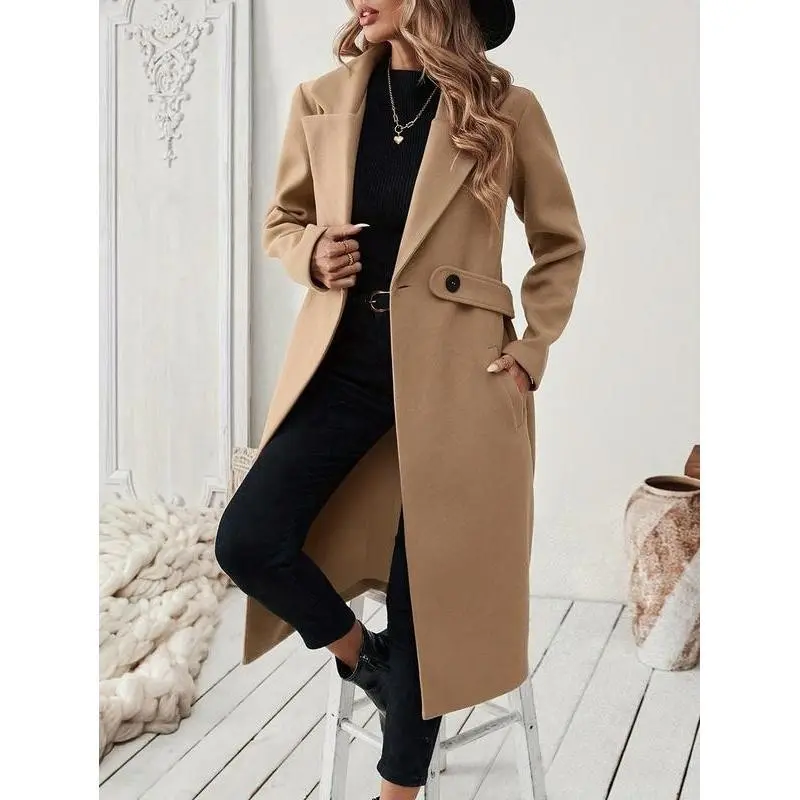 Women's Elegant Long Black Tweed Winter Trench Coat with Adjustable Belt, H-Silhouette Asymmetrical Hem, Machine Washable Versatile Outerwear for Fall & Winter Office to Evening Notch Lapel Jacket
