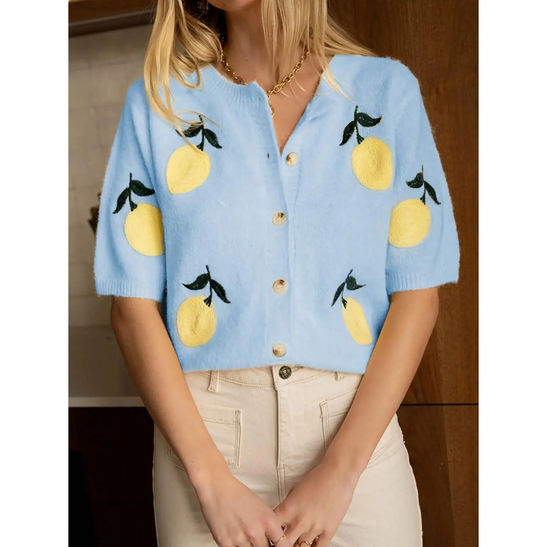 Women's Fashion Chic Lemon Embroidered Embellished Knit Cardigan, Knitwear, Collared Short Sleeve Single Button Design, Casual Summer Everyday Wear Sweater, Embroidery