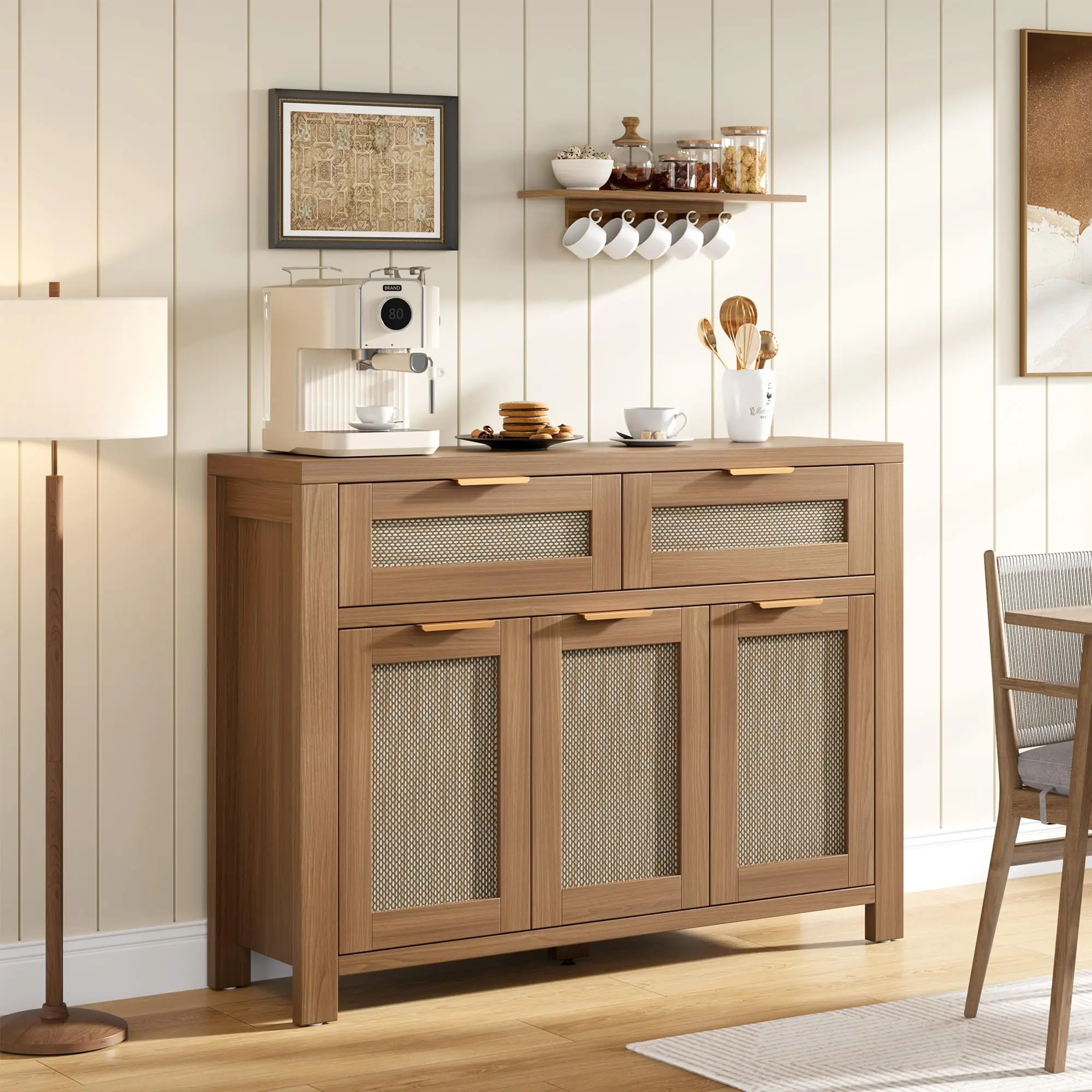 🌿 High-Leg Rattan Sideboard Buffet – 3 Doors, 2 Drawers, Adjustable Shelves. Boho Storage Credenza for Dining Room, Kitchen & Entryway! ✨