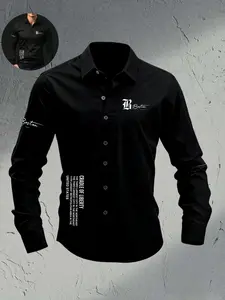 Slim Fit Men's Black Long Sleeve Shirt with "Cradle of Liberty" Text Print - Soft Breathable Classic Button Up Collared Dress Shirt, Comfort Stretch Gothic Graphic Blouse for Casual Business, Work, & Everyday Aesthetic Look