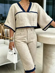 Women's Casual Linen-Style V Neck Top and Straight Leg Shorts Set, Two-Piece, Comfortable and Stylish, Perfect for Daily Wear