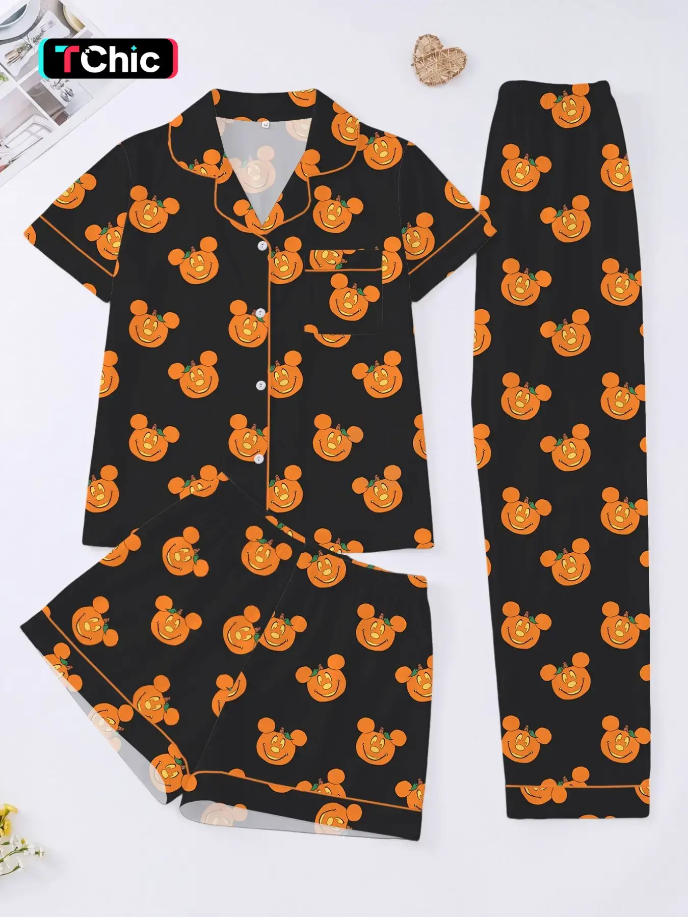 Halloween Pajama Set 3-Piece Cartoon Pumpkin Print, Short Sleeve Button Front Top, Elastic Shorts and Pants, Elegant Daily Wear Loungewear