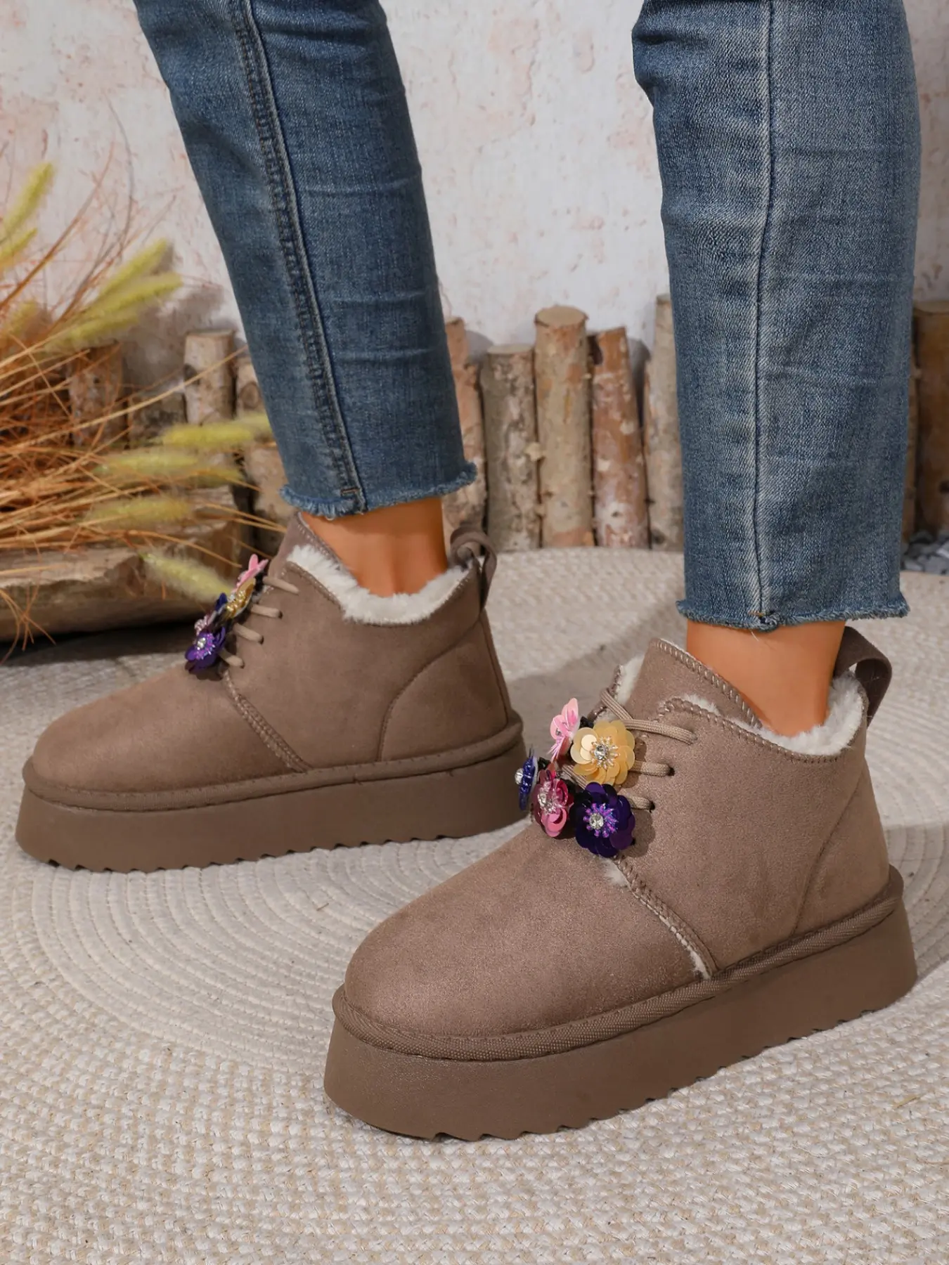 Colorful Sequin Flower Thick Sole Snow Boots, Casual Winter Short Boots, Textile Upper, Rubber Sole, Women's Warm Cotton Shoes