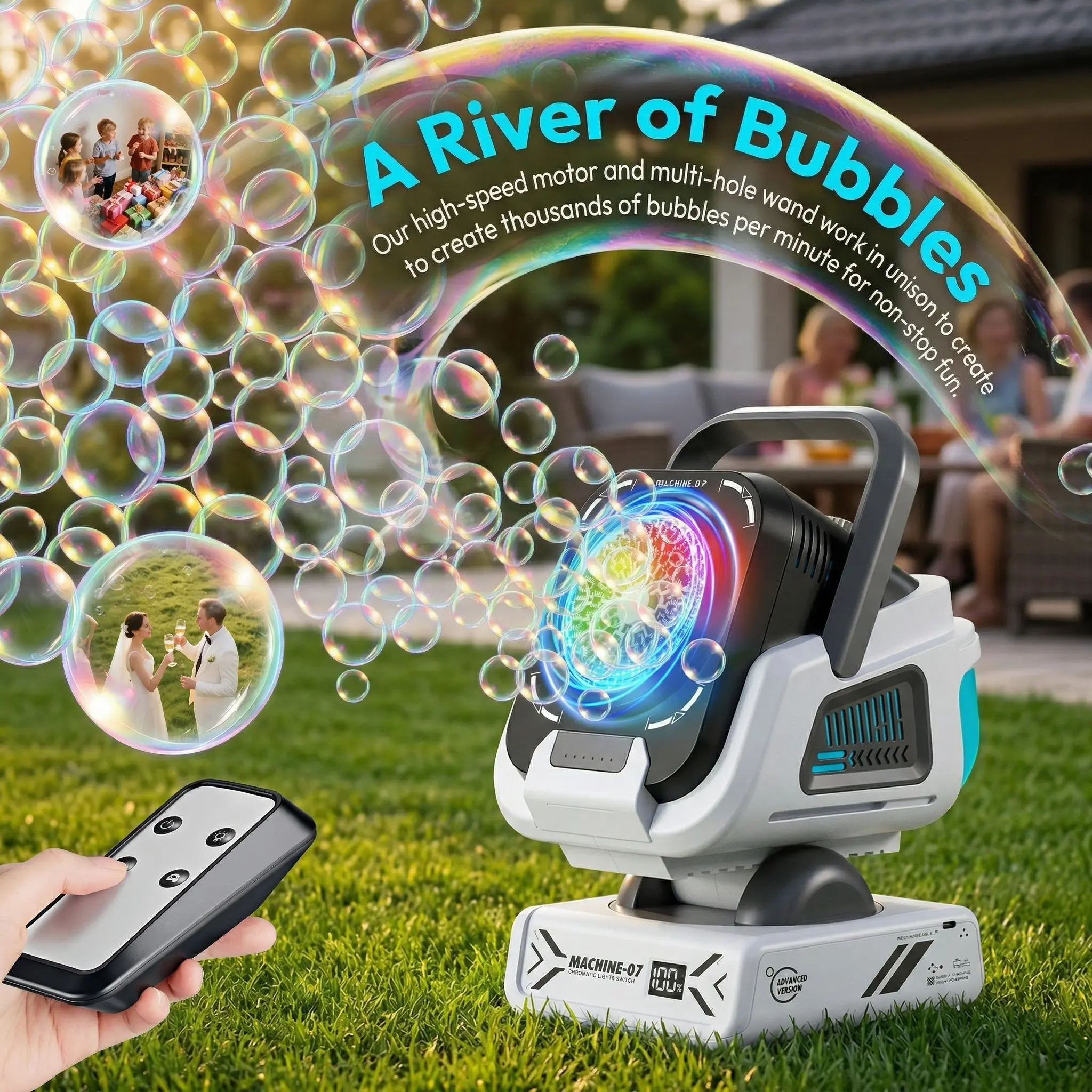 Remote Control Rechargeable Bubble Machine Gift Box, 1800mah Long-Lasting Power, Includes 50ML Concentrate, USB PD Charging, Auto Rotate, RGB Light