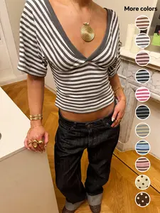Striped V-Neck Wrap Top, Form-Fitting Puff Sleeve Y2K Crop Blouse, Stylish and Comfortable Fashion Piece for Everyday Wear