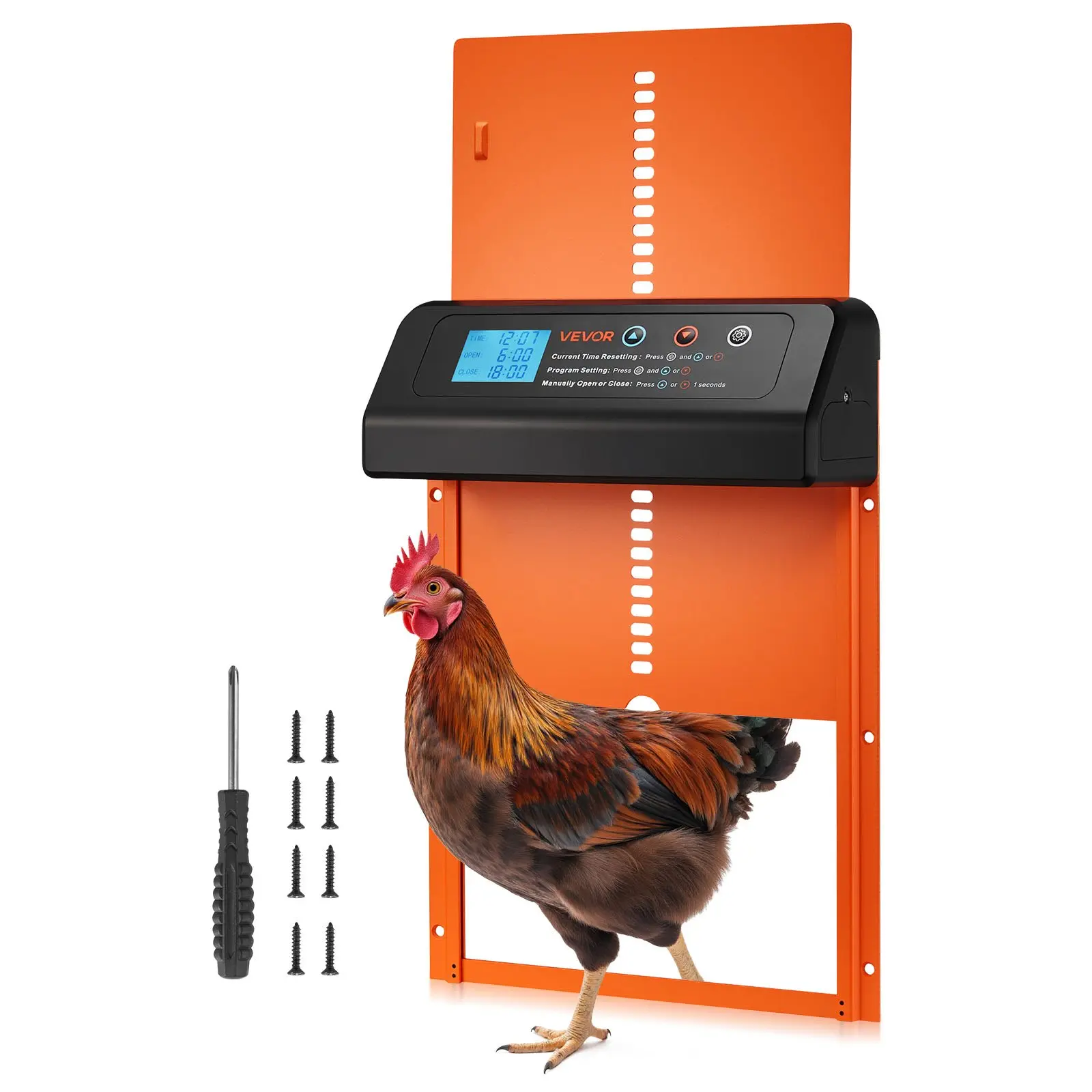 【Summerfinds】VEVOR Automatic Chicken Coop Door, Battery Powered Chicken Coop Door with Timer Manual Setting, Anti-Pinch Security, Durable Aluminum Alloy, Chick Run Gate Opener with Waterproof Sealing, Orange